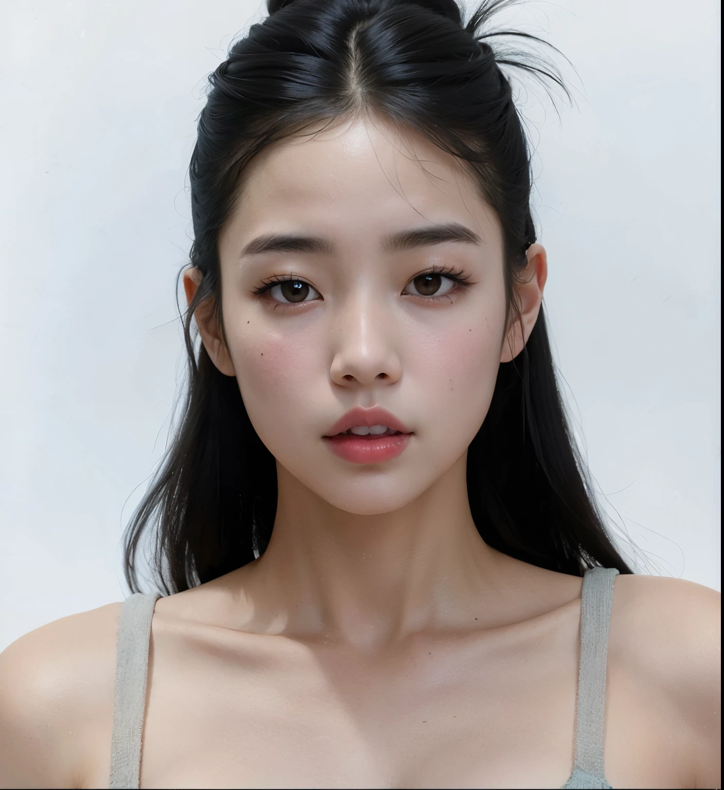 un primer plano de una mujer con cabello largo y una camiseta sin mangas, jennie rosa negro, jaeyeon nam, heonhwa choe, lee ji-eun, lee ji - eun, seson yoon, Jinyoung Shin, kwak ji joven, hermosa mujer surcoreana, gongbi, asian features, joven y adorable rostro coreano, TaeJune Kim, hermosa joven coreana