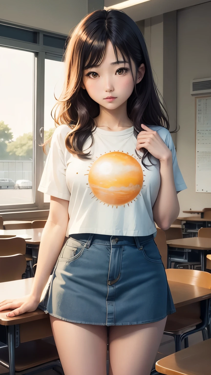 Takako Hirai, Sunny Buick, Hand-colored watercolor, hand-drawn drawing, mysterious, strange, surreal, anime, rotating solar system, classroom, beautiful girl in miniskirt, perfect voluminous body, detailed masterpiece 
