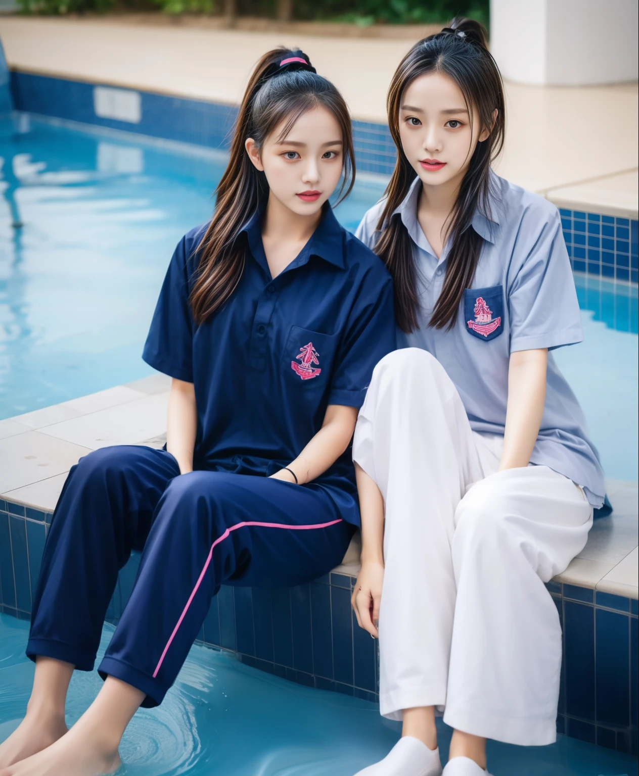 2 girls sitting by the pool, Navy blue short-sleeved shirt,Navy Long Trackpant,Sweatpants, Sweatpantsขายาว,25 year old girl, lesbian, sexy, exercise clothes, wet body, Soak your feet in water