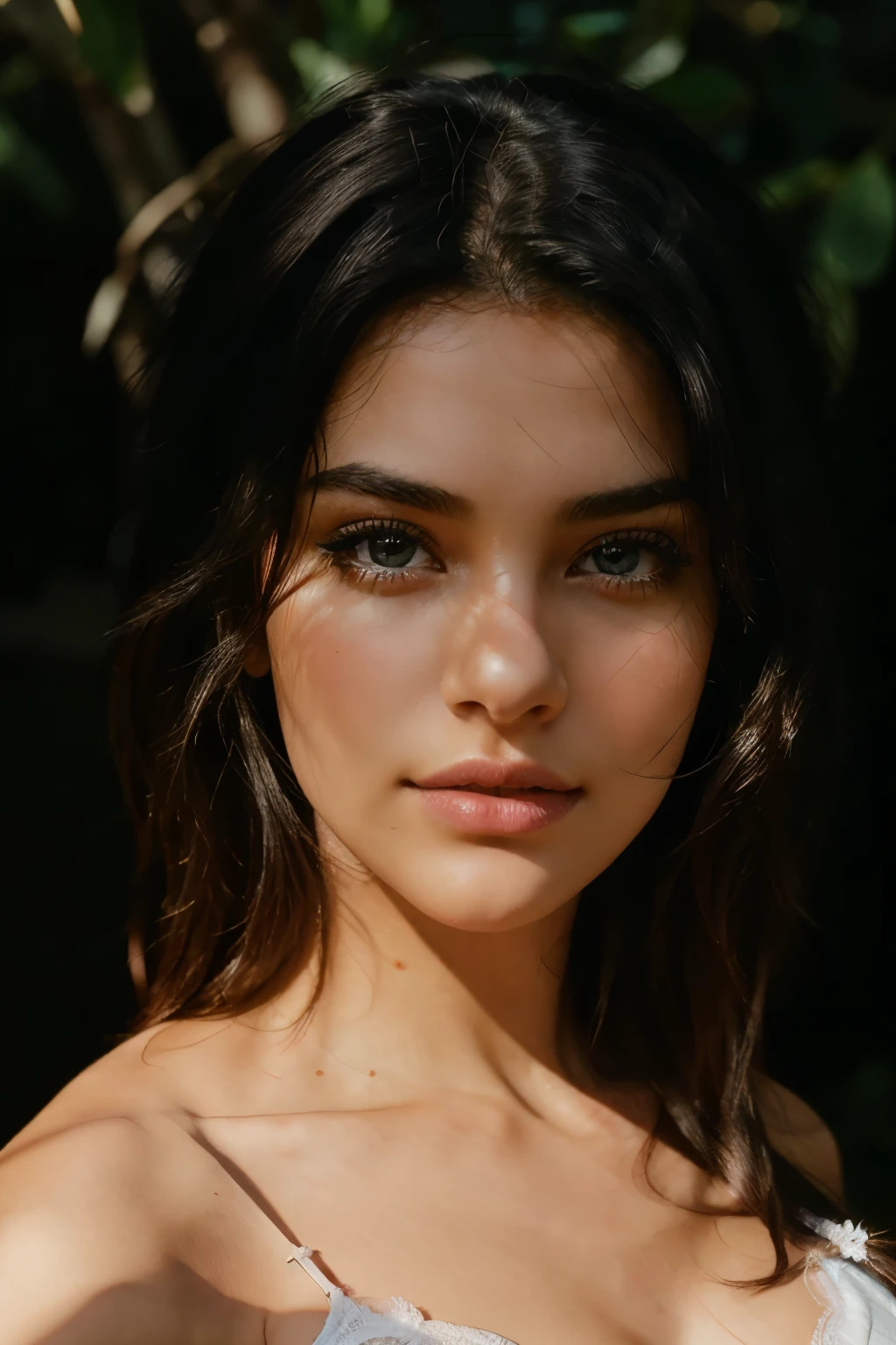 Cute  model wearing white lingerie, seductive expression, black hair cascading down characteristically, 19 years old, innocent face, high-res, masterpiece, best quality, intricate details, highly detailed, sharp focus, detailed skin, realistic skin texture, texture, detailed eyes, professional, 4k, captivating gaze, filmed with Canon, 85 mm, shallow depth of field, Kodak Vision color, perfectly fitted lingerie, ultra-detailed, ultra-realistic, photorealistic, photography, 8k UHD, photography.