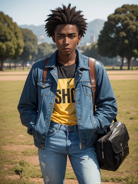 Homem de 18 anos, pele negra, cabelo crespo, jeans and jacket, mochila no ombro, standing on the fields of a university, students around you