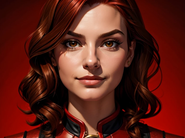 masterpiece, best quality, realistic, 1girl, female, quiet and charming , 11 year old, a smirk, closed mouth, gold skin, portrait, extremely detailed face, cold and smirk, red outfit, ((dark brown eyes)), ((short wavy red hair)), [thick eyebrows], ((civilian)), dim light, evil, Fabric store background
