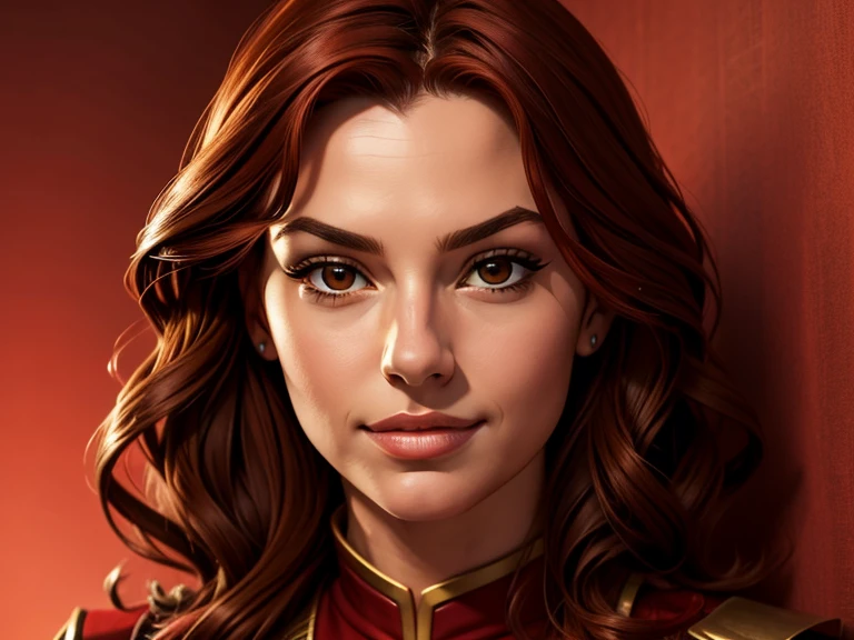 masterpiece, best quality, realistic, 1girl, female, quiet and charming , 11 year old, a smirk, closed mouth, gold skin, portrait, extremely detailed face, cold and smirk, red outfit, ((dark brown eyes)), ((short wavy red hair)), [thick eyebrows], ((civilian)), dim light, evil, Fabric store background