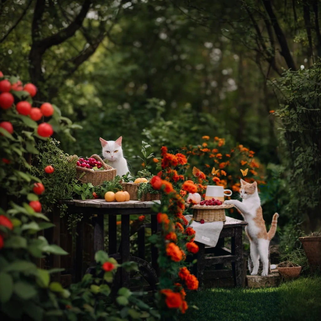 There is a cat standing on the wooden table,Hand holding a basket of fruits, cat photography, cat on the table, cat playing lute in the garden, by Emma Andijewska, cat is drinking tea, Playful composition, Anna Nikonova, in the garden, cats and plants, magical scene, by Anna Haifesch, Stunning visual effects