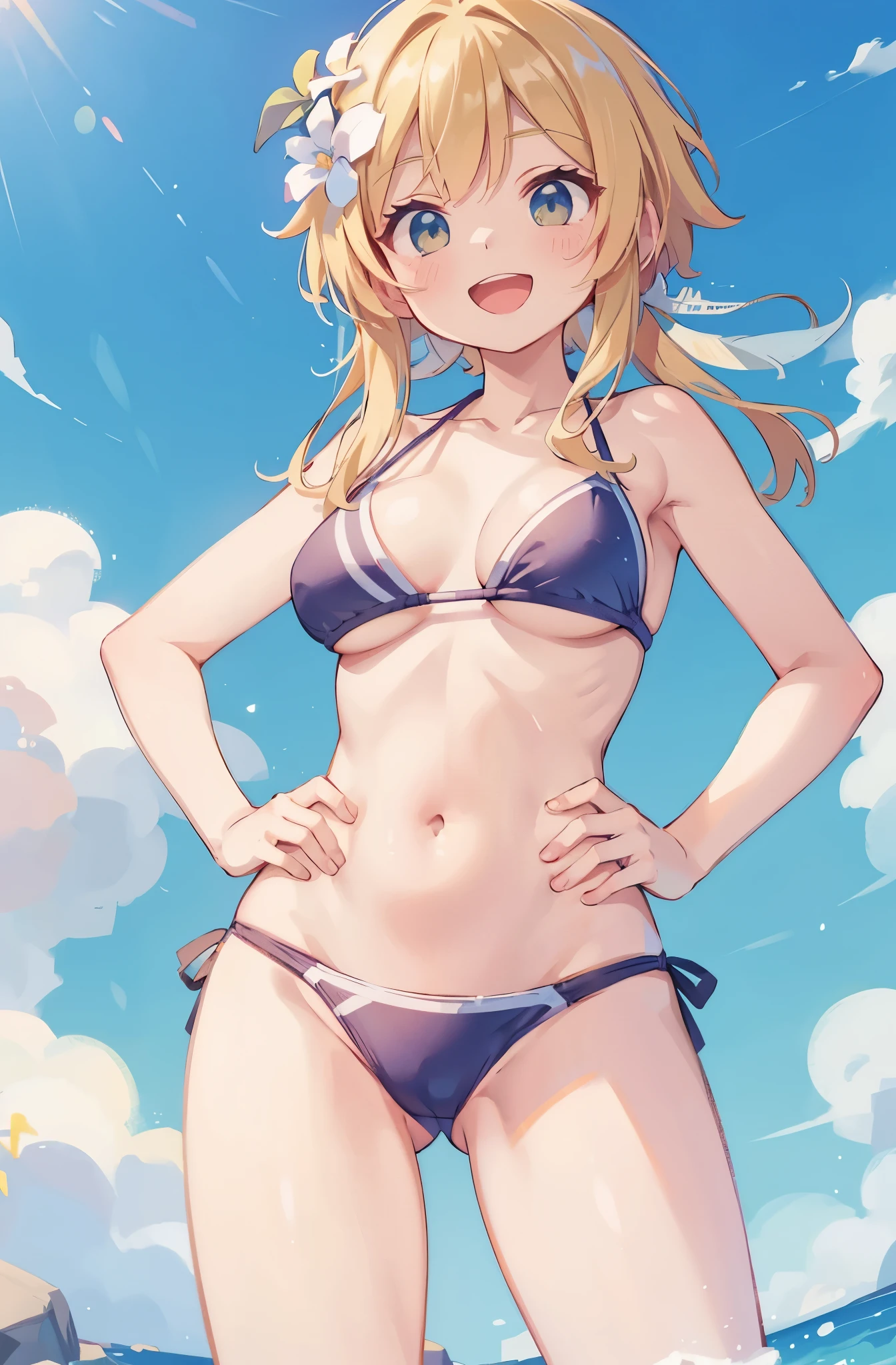 contrapposto,strig bikini,hands on own hips,open mouth,smile,big breasts,