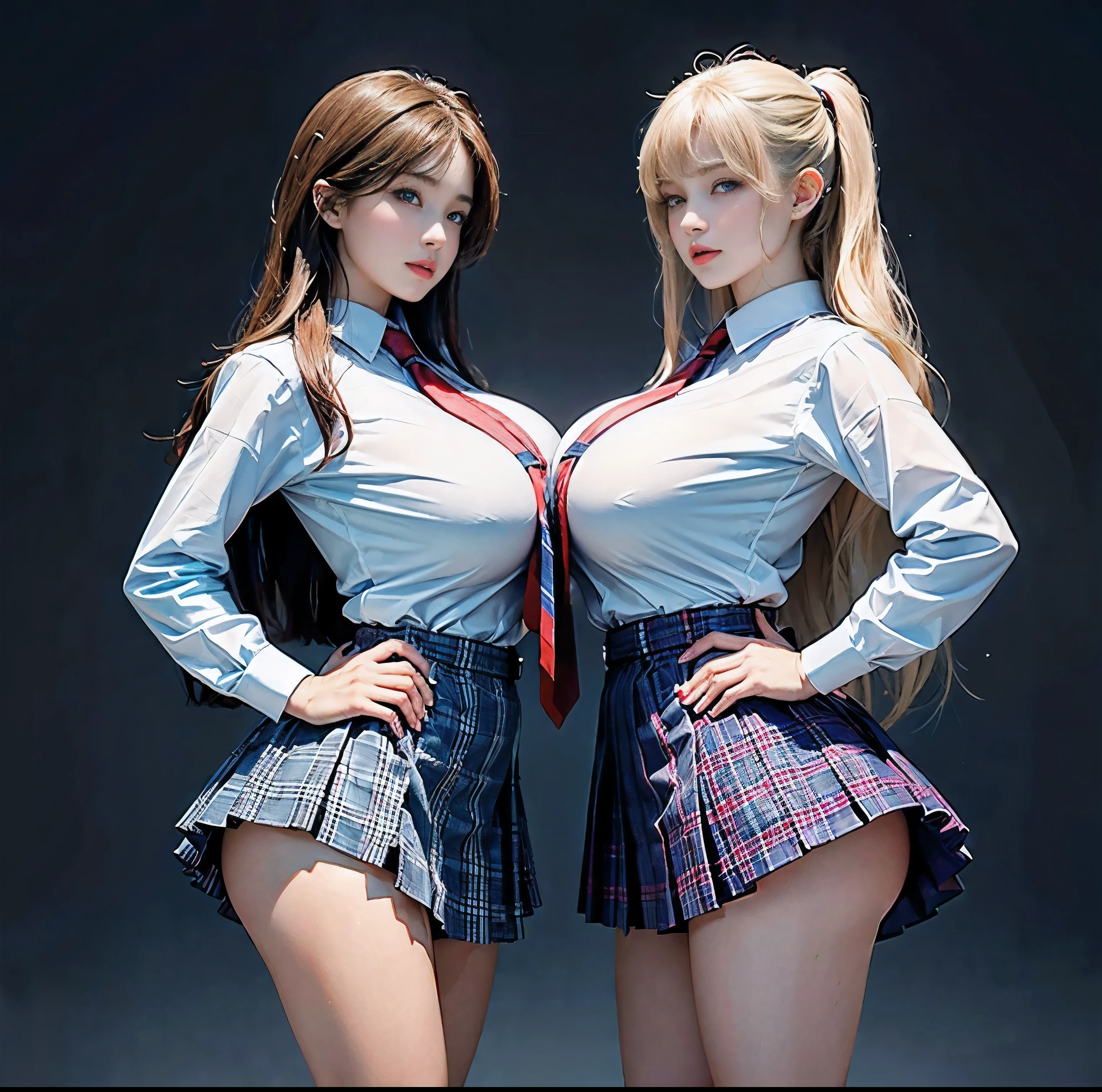 highest quality, 8K quality, masterpiece, Super realistic, (Two super busty girls standing side by side:1.2), (Tight super big breasts are compressed by clothes:1.4), Whitening skin, Sparkling blue eyes, A tight white shirt with a crimson ribbon tie, Super mini pleated tartan check skirt, (the skirt is incredibly short:1.2), (Show off your beautiful butt:1.3), (above the knee), (Proud of her slender waist and huge breasts), Skirtliftv1, (ass), (Front view of huge :1.5)