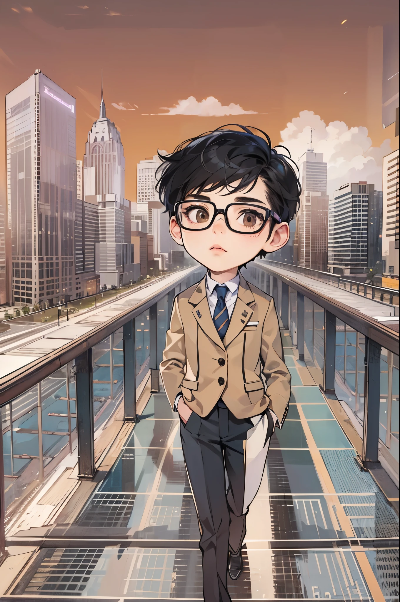 (absurdres, highres, ultra detailed, realistic, ), 1 boy,mature, solo, short black hair,  suits,brown eyes,  (glasses)，modern city background, ultra - detailed, best quality, Detailed diagram, vectorized, 8K,  Graphic design, vector lines, Full-HD，full body