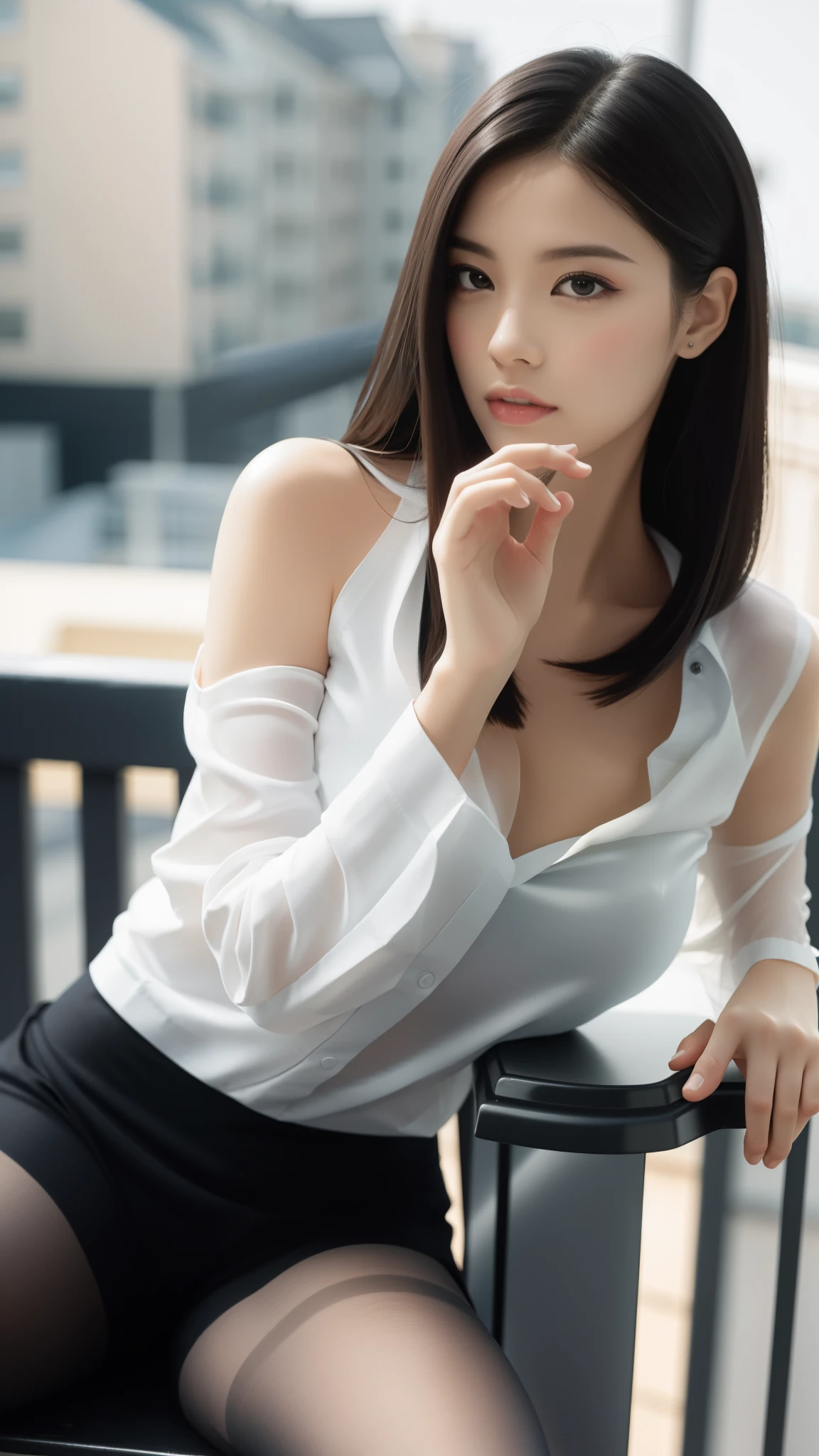 Ultra-clear resolution,top Quority,Clear eyes,plain face,Gloss on lips,s the perfect face,White and tender skin,Nice chest,Slender legs,lacepantyhose,black office skirt,Random environment