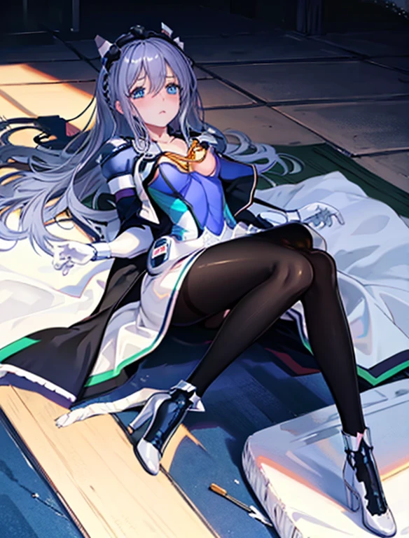 highest quality，Symphonic_Sugar,light blue hair,navy blue eyes,hair ornament,long hair,white long_glove,light blue short dress,black pantyhose,high heel, ,show me your boots，glove，elegant, 1 girl, cute, blushed, looking at the viewer, from below, prison，beautiful eyes, beautiful background, particles of light, Light of the sun, dramatic lighting, outside, shiny, realistic, highest quality, Super detailed, get used to it, scenery, beautiful and detailed eyes, thin hair，full body shot，