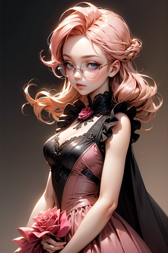 Anime girl tuxedo with curly rose gold hair and round gold glasses, rose gold eyes. Guviz style art, attractive detailed art style, Charlie Bowater Style, 1 7 - year - old cute anime girl, detailed manga style, detailed anime character art, germ of art. High detail, stunning manga art style. Rose dress. (pink dress) . Wearing rose gold Victorian clothing.
