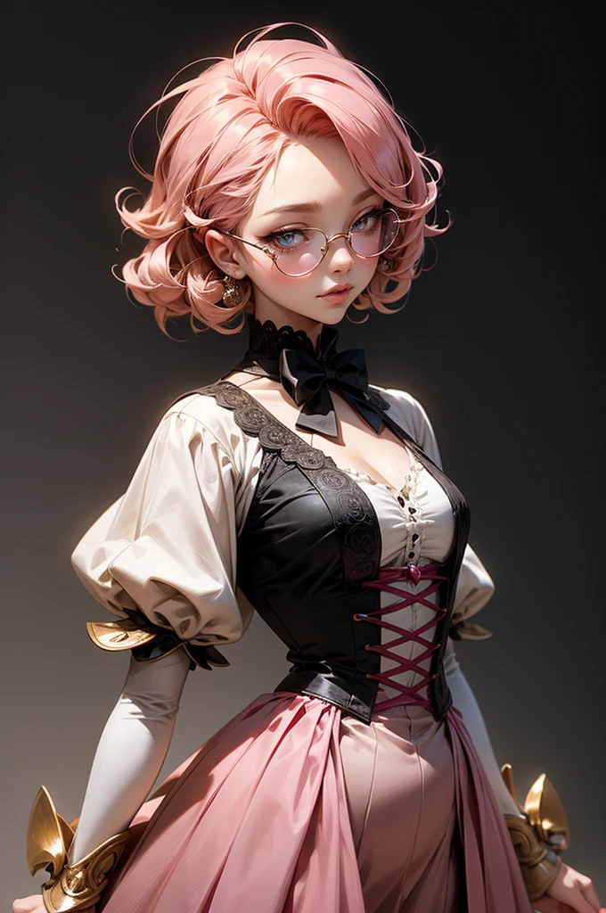 Anime girl tuxedo with curly rose gold hair and round gold glasses, rose gold eyes. Guviz style art, attractive detailed art style, Charlie Bowater Style, 1 7 - year - old cute anime girl, detailed manga style, detailed anime character art, germ of art. High detail, stunning manga art style. Rose dress. (pink dress) . Wearing rose gold Victorian clothing.