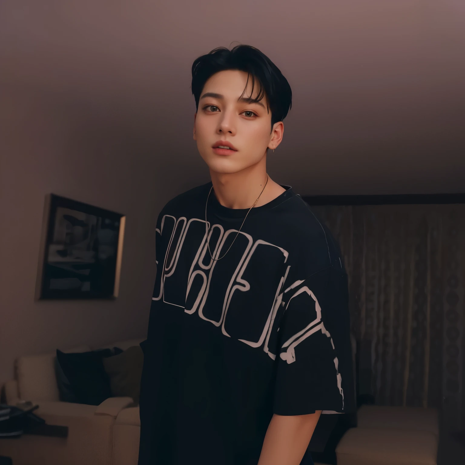 Jungkook in a black shirt standing in the living room, Jungkook, Jungkook pale angel, inspirado em Jungkook , he is wearing a black t-shirt, Jungkook do grupo BTS, handsome androgynous prince  , ele tecerca de 20 anos 