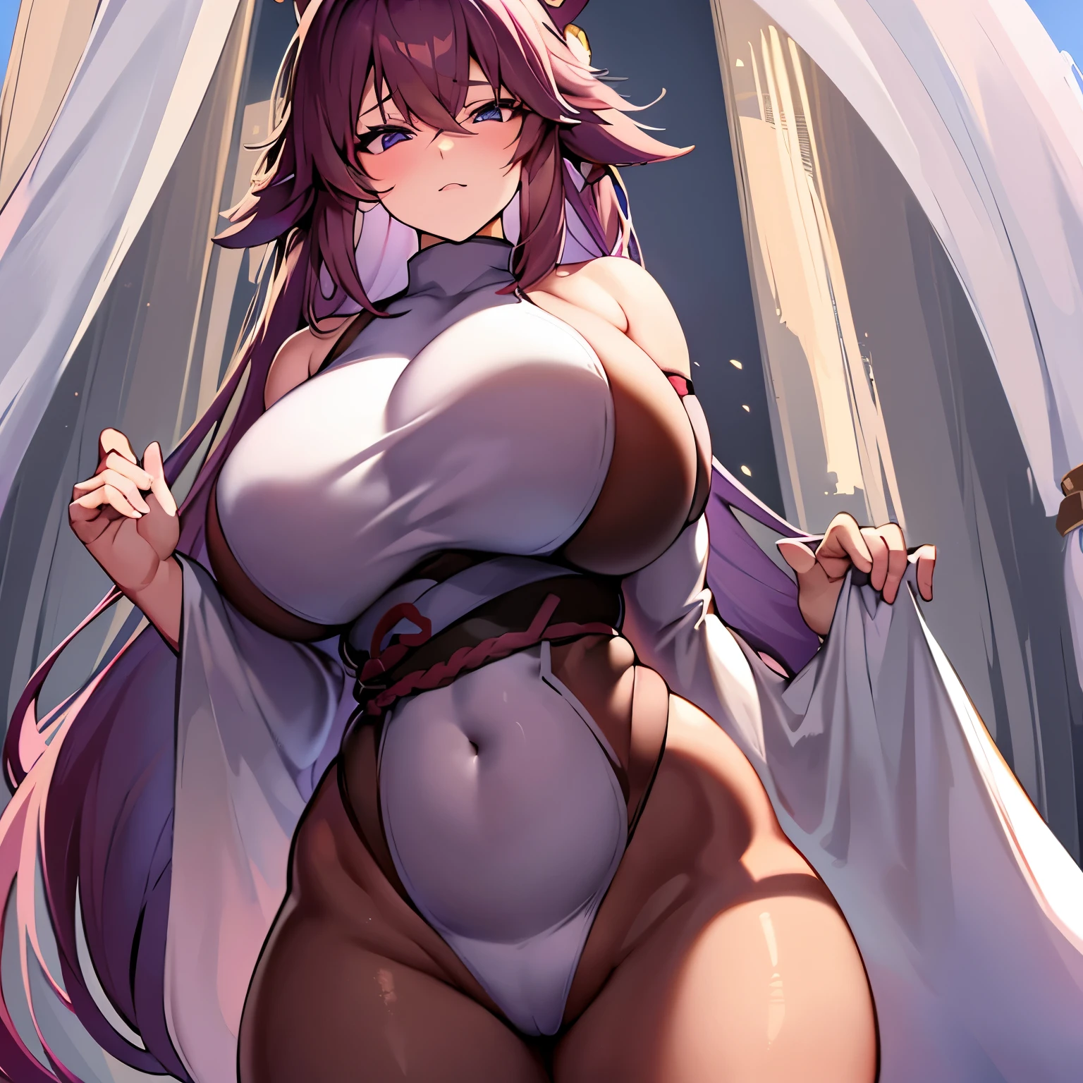 ((extreme detail)),(ultra-detailed), extremely detailed CG unity 8k wallpaper, best quality, Yae_Miko_Genshin_Impact, bodysuit, posing, cowboy shot, lens flare. Girl with thick fat chunky physique. Her height is around 5 feet 2 inches (157 cm), with a huge mommy body. Her skin tone is fair and smooth, giving her an older appearance. In terms of facial features, Hinata has a soft and gentle countenance. She has a slim nose, and her lips are naturally pink and slightly full. Her eyebrows are well-shaped and neatly arched, framing her eyes beautifully. Her  are huge and well-shaped. they are massive and u can see a nipple outline Overall, Hinata's appearance is characterized by her serene and kind expression, representing her gentle nature. A sexy girl with huge  and a thick body is wearing a body-tight suit where you can see all of her curves and nipple outline white hair. She is thick busty fat and has huge  her suit is very very tight and covers her whole body you can see all of her curves and body. Full body suit very tight you can see her full body