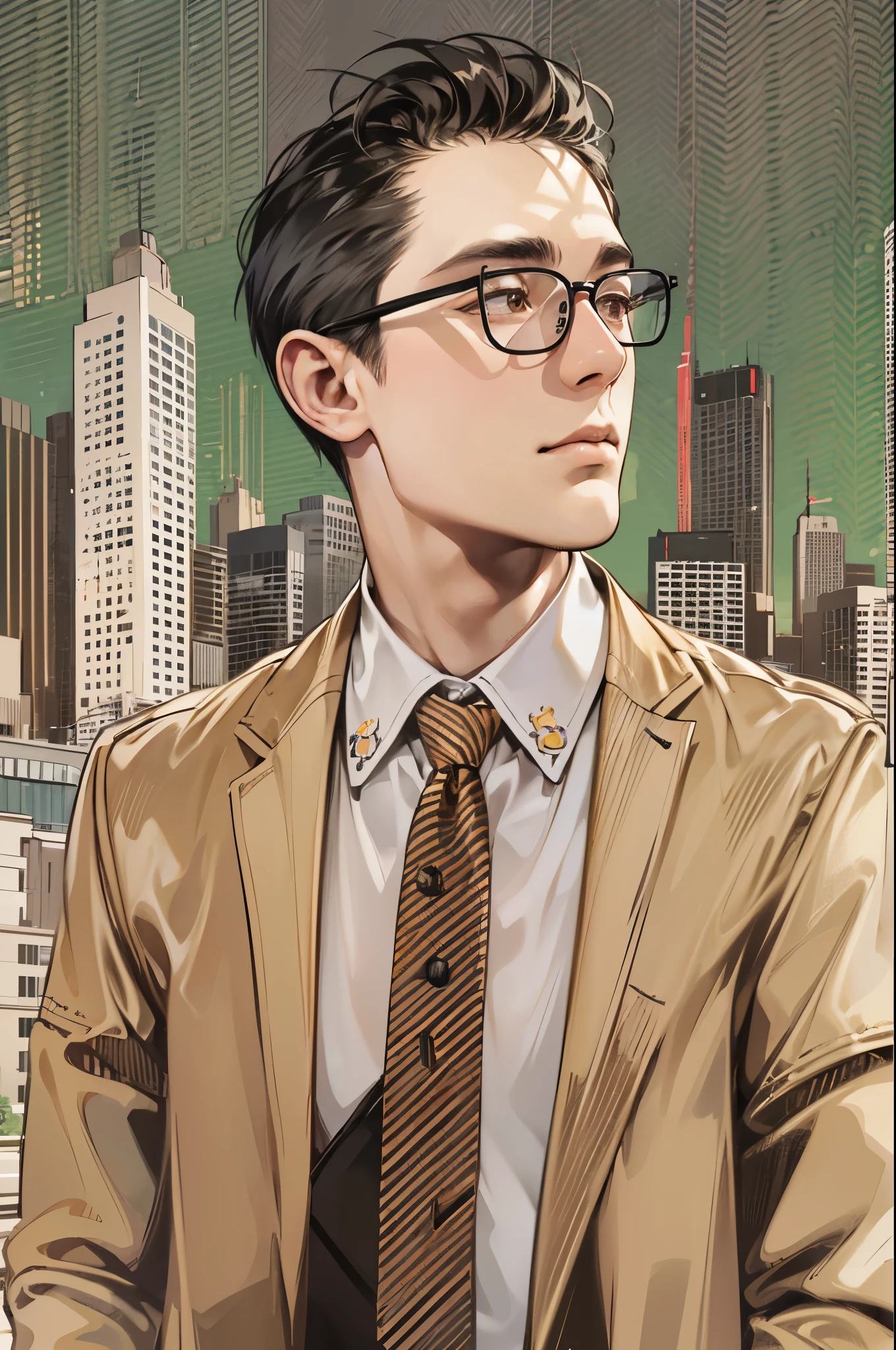 (absurdres, highres, ultra detailed, realistic, ), 1 boy,mature, solo, short black hair, suits,brown eyes, (glasses),modern city background, ultra - detailed, best quality, Detailed diagram, vectorized, 8K, Graphic design, vector lines, Full-HD,upper body