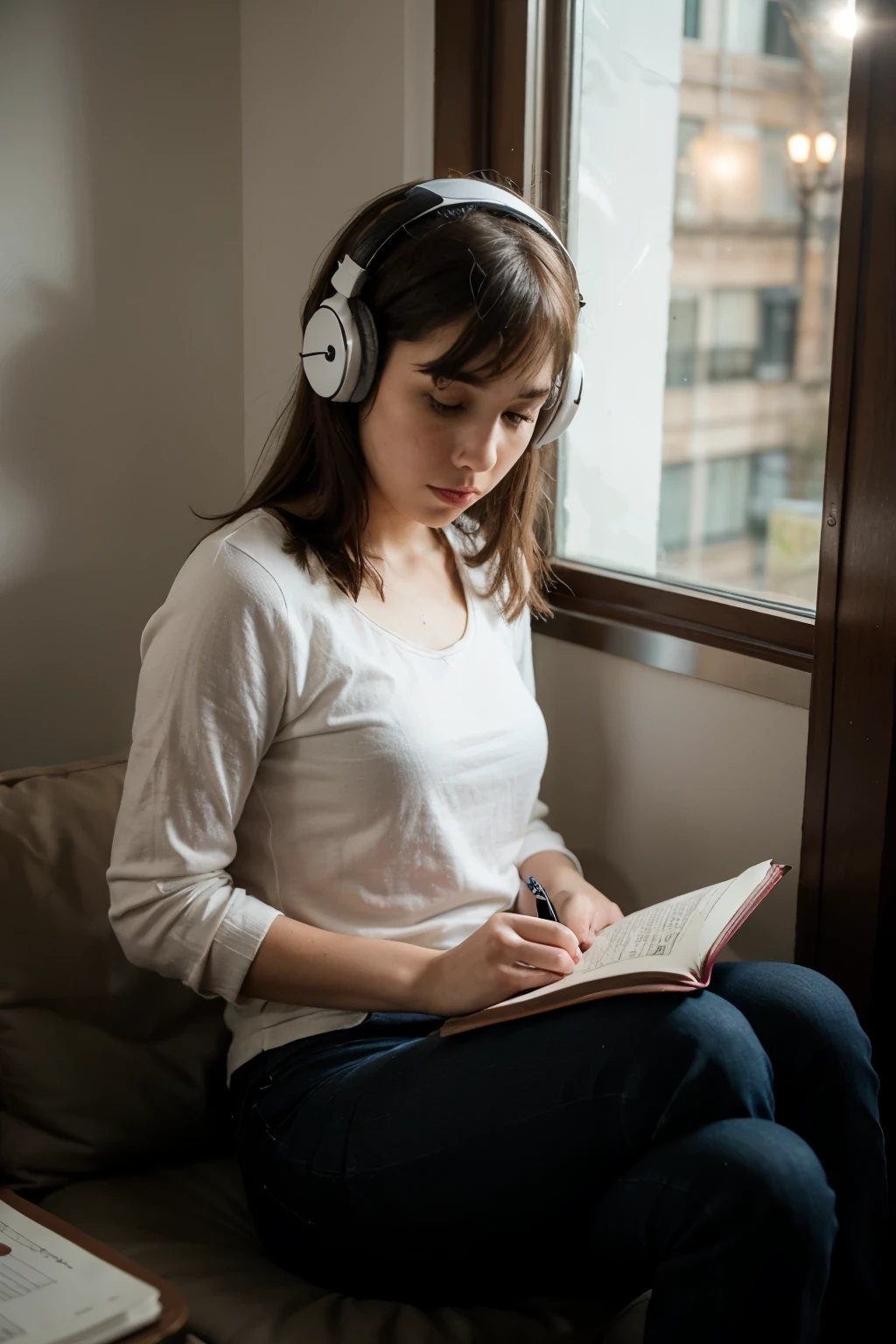 Create a photograph of a woman studying and listening to music with headphones ,em seu quarto  em uma noite chuvosa 