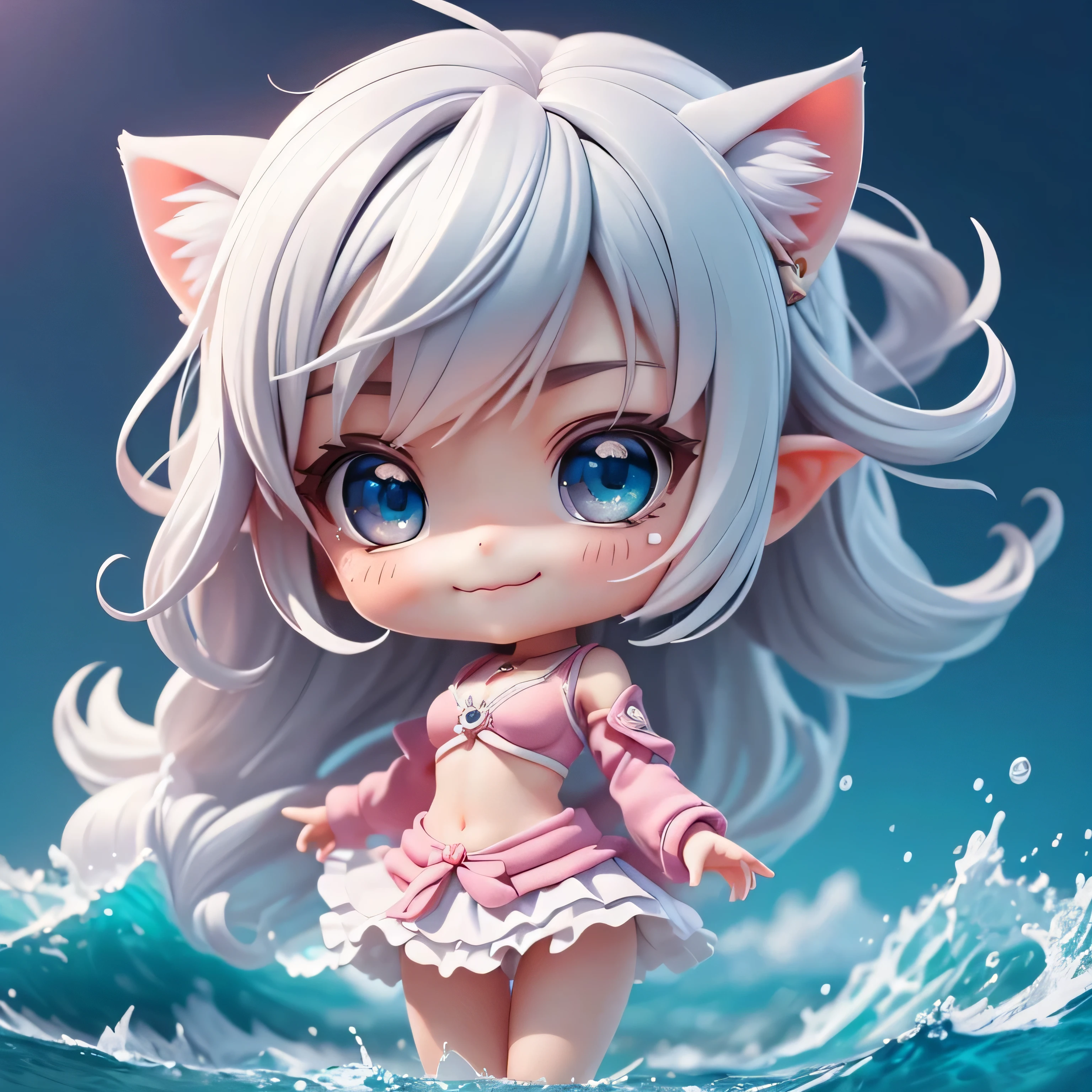 cute赤ちゃんa bitアニメ、bikini、Cat ear、open your mouth and smile、slutty makeup、detailed face、(((chibi 3d))) (highest quality), (pieces fly)、a bitのgoblin、((highest quality)), ((masterpiece)), ( extreme details, best details, official art, beautiful and aesthetic:1.2), depth, 構図 whole body, a bit, cute, (beautiful and fine eyes:1), smile, bloom, goblin, Angel, (whole body:1.5), photograph, movie lighting, golden ratio、Ocean、splash of water、見上げるsmileの接写、facing forward、(masterpiece、genuine、High resolution)、(1 girl):1.2)、Do-Up Eye、korean girl、(highest quality), (pieces fly), (1 girl), alone, dream-like、Highly detailed airbrush art(((Surgenuine))、intricate details、volume lighting、(masterpiece:1.2)、(highest quality)、The Super detailed、(moving composition:1.4)、Highly detailed colorful details with proper lighting、Atmosphere light production、dynamic composition、ray tracing、The mirror reflects light、depth of field is shallow、Super detailed、mixing exposure、ticker、超masterpiece、Her eyes are glowing red、silver hair、Her face is full of anticipation and courage for adventure.、A smile comes to her lips、An air full of smiles and adventurous spirit、後部にOcean、その光はsplash of waterの光をもたらします、Shaking water waves create a beautiful scenery..。Her courage and determination are condensed.、Eye-catching presence。her eyes are shining。Ocean、Ocean