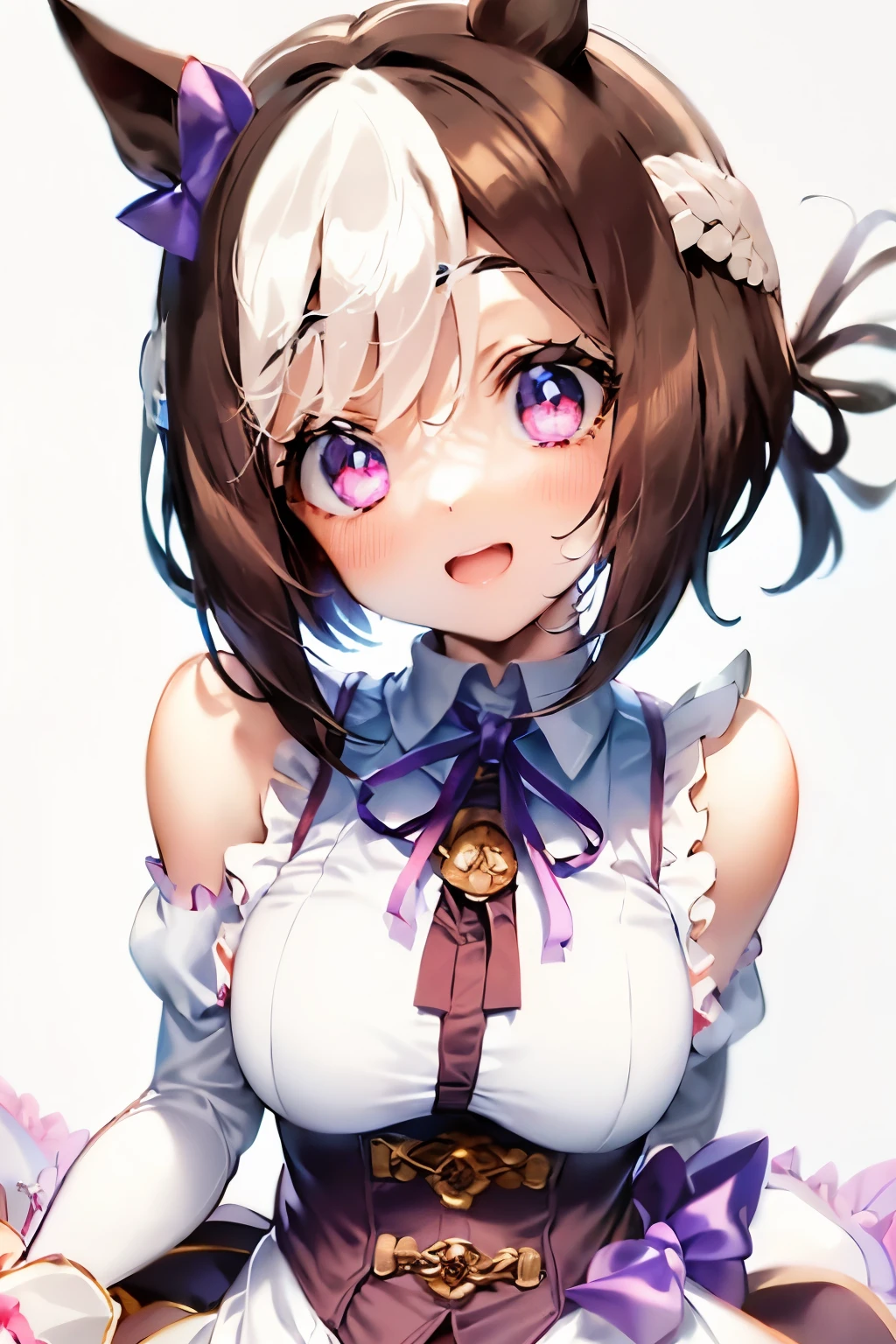 special_week_\(Umamusume)、bow ribbon、bow ribbon、bow ribbon、corsets、Fluffy breasts、nursing、toppless、teats、The upper part of the body、(Refers to the viewer:1.3)、Happiness、(White background:1.5)、(front-facing view:1.3)