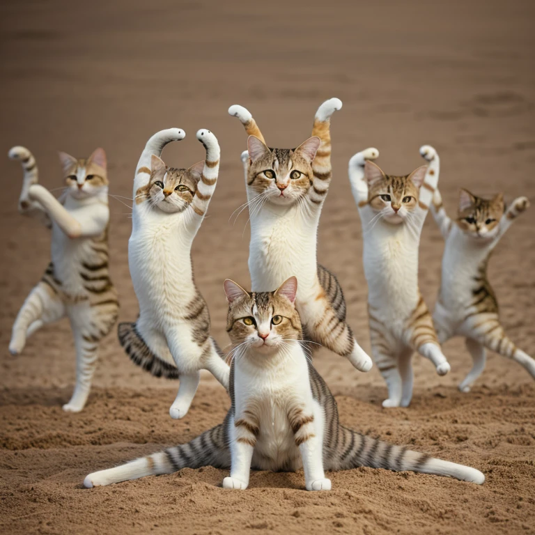 Realistic cat gymnastics、Very realistic cat、dancing, Each one has a different pose, It's like a dance studio, dynamic pose, Fierce dance, Super fine、Finish like a photo、8K、The background is a bright sandy beach、blue sky