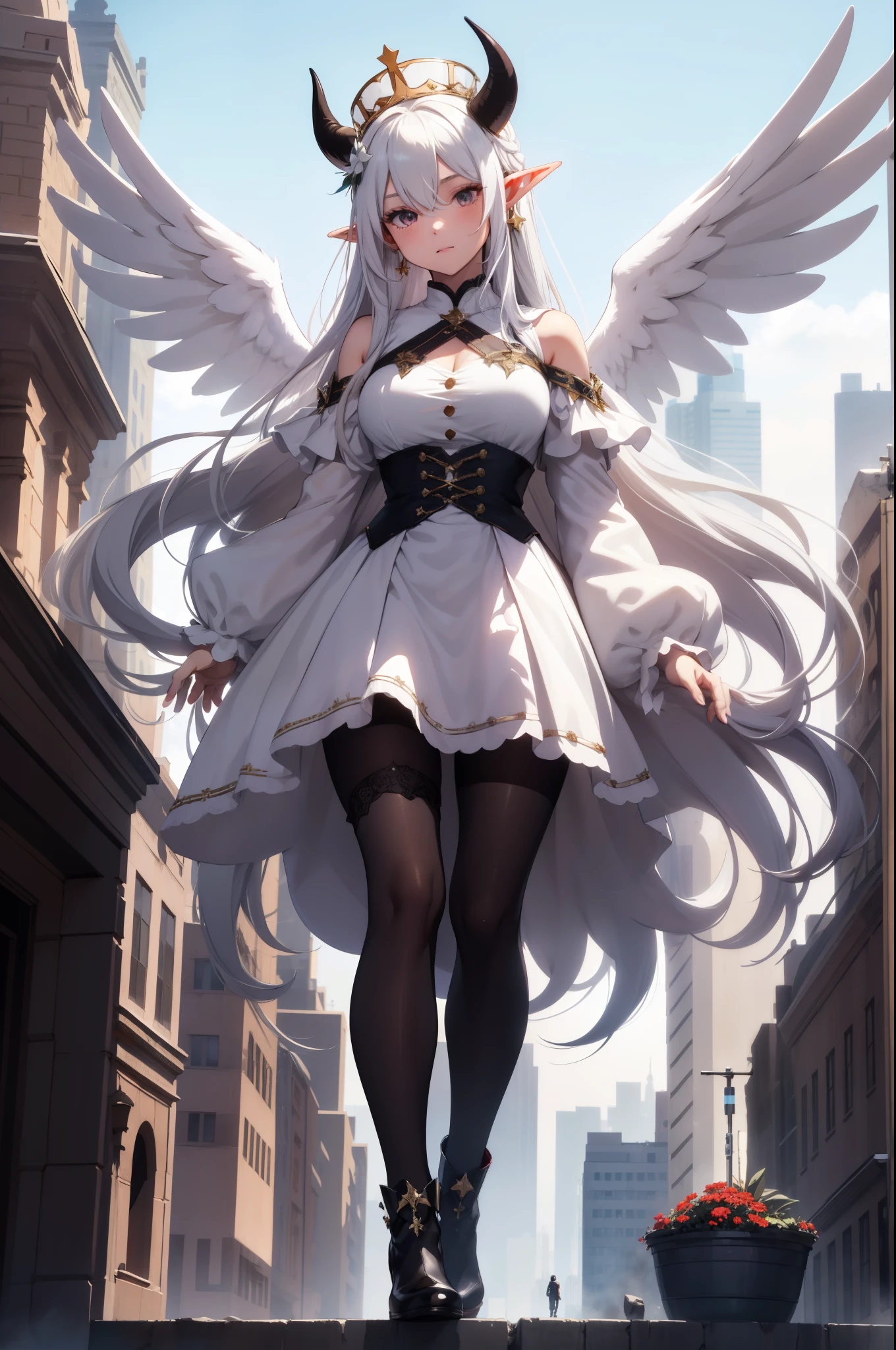 giant girl 50,000 feet high,Weight 1000kg,Has a pair of long legs,Open your eyes wide,Has three pairs of huge white angel wings,With huge devil horns on his head,crown on head,Elf wearing white earrings,She has long pink hair that reaches her feet,loose hair,Pink wavy long curly hair,Wearing a pair of black boots,White sleeves,Wearing white lace pantyhose,Pantyhose with bow and star decorations,白色蕾丝whole body,Standing on a tall building in the city,Beautiful appearance,Exquisite makeup,quality,8k,高quality,Perfect proportion, Cinema lighting,film grain,Fuji colors,8k,textured skin,Super details,high detail,high resolution,charming,blood stains,脚底有blood stains,whole body,Obese,elf princess,feather,flowers