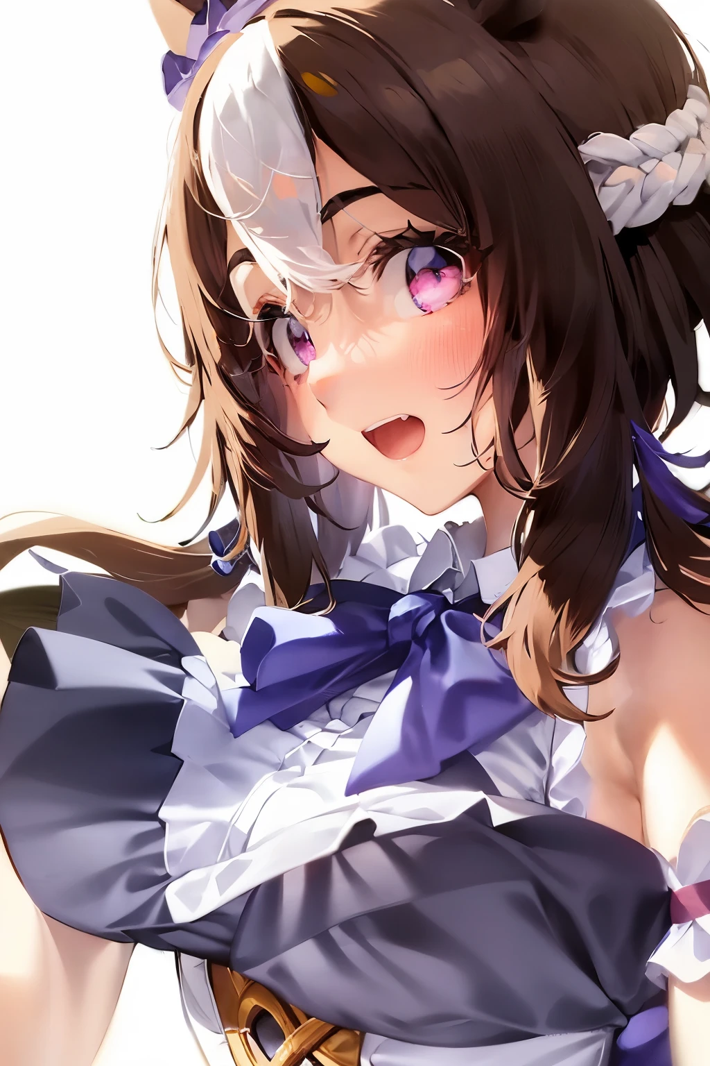 special_week_\(Umamusume)、bow ribbon、bow ribbon、bow ribbon、corsets、Fluffy breasts、nursing、toppless、teats、The upper part of the body、(Refers to the viewer:1.3)、Happiness、(White background:1.5)、(front-facing view:1.3)