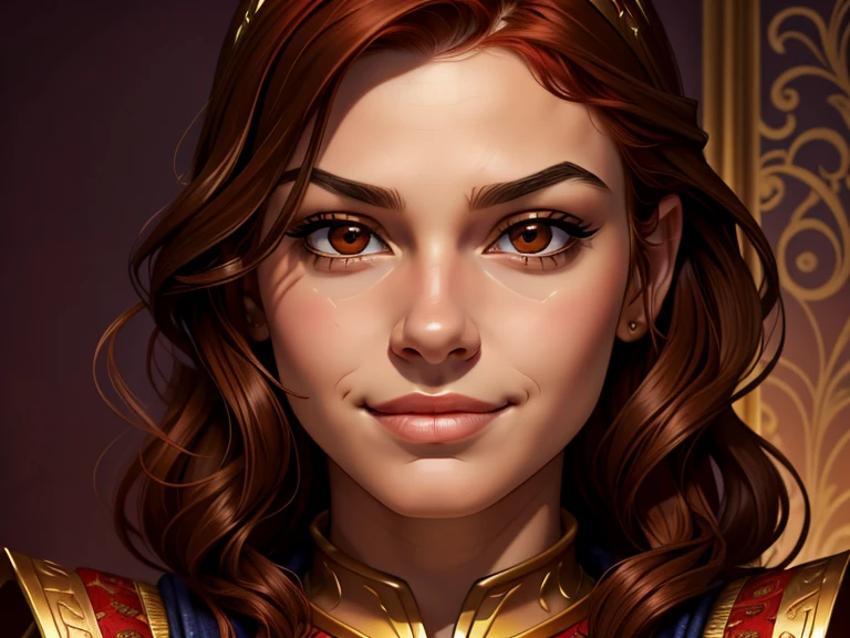 masterpiece, best quality, realistic, 1girl , quiet and charming , 13 year old, a smirk, closed mouth, gold skin, portrait, extremely detailed face, cold and smirk, baby face, ((dark brown eyes)), ((short wavy red hair)), [thick eyebrows], ((peasant)), dim light, evil, Fabric store background