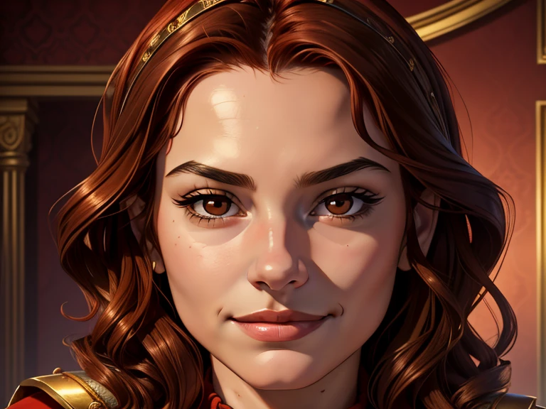 masterpiece, best quality, realistic, 1girl , quiet and charming , 13 year old, a smirk, closed mouth, gold skin, portrait, extremely detailed face, cold and smirk, baby face, ((dark brown eyes)), ((short wavy red hair)), [thick eyebrows], ((peasant)), dim light, evil, Fabric store background