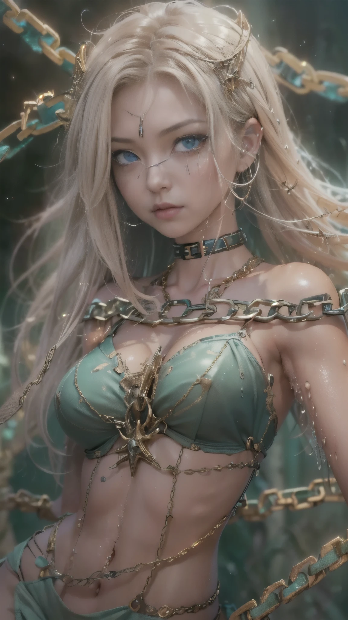 (RAW shooting:1.5, realistic:1.5, fractal art:1.5, 8K), (highest quality, masterpiece, ultra high resolution), Castle of the Demon World, ((perfect dynamic composition:1.7)), Highly detailed skin and facial textures:1.3, Detail of limbs, 1 girl, (Cute sexy succubus demon with big wings:1.3, beautiful and aesthetic:1.3, Wearing detailed body jewelry:1.3), prisoner of war, slave, Horn, Fair skin, open your legs, colorful, (Correctly wear heavily torn clothes off-shoulder:1.3), Huge breasts that are about to explode, Do not show areola, big chest gap, (The expression on your face when you feel intense caress, Facial expression when feeling pleasure, A look drowning in pleasure, Are crying), beautiful blue eyes, Eyes that feel beautiful eros, sexy face, blush, (Too erotic and cute:0.9, Bewitching:0.9), ((torture:1.5, Lots of chains:1.8, countless chains tangled in clothes:1.8, chain the right arm:1.2, chain the left arm:1.2, Bind the right leg with shackles and chains:1.2, Bind the left leg with shackles and chains:1.2)), (((An incomprehensible amount of liquid flows throughout the body:1.5))), super long blonde curly hair, View from the knee up