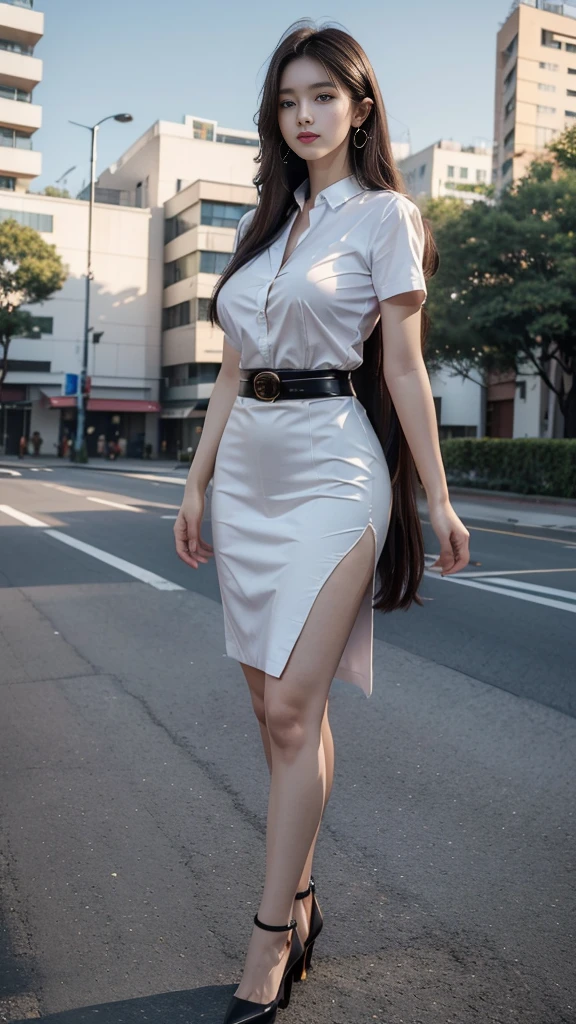 highest resolution, 8K, high definition, สาวlong hairมาก, (long hair, straight hair, black hair), นักศึกษาthailand, (half-caste, thailand, Japan, Korea, Height 173 centimeters), ((stand, walk)), สาวlong hairมาก, (Beautiful face, แต่งBeautiful face, Double eyelids, red lips), (Beautiful Woman, The texture is realistic.), (white short sleeve shirt thin shirt, collar shirt, With metal buttons), (short black pencil skirt, Very short, Side incision, กระโปรงพร้อมbeltผู้หญิง, tight), สาวlong hairมาก, (Huge breasts, Breast augmentation, big breast, Big tits, plump tits, Fluffy milk, Huge breasts), (Symmetrical shape, sexy figure, small waist, Long legs, Beautiful thighs), สาวlong hairมาก, (Pitch black high heels, earring, Put on a watch, belt), สาวlong hairมาก, (full body, Look at every part of the body.), (university backdrop, building, building, lawn, outdoor sports field)
