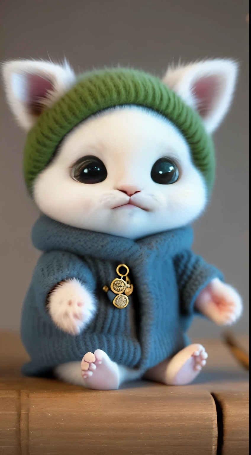 kitten in clothes, miniature kitten, Animal focus, bearded, realistic, POV Hand, ambiguous background,smile,interesting、