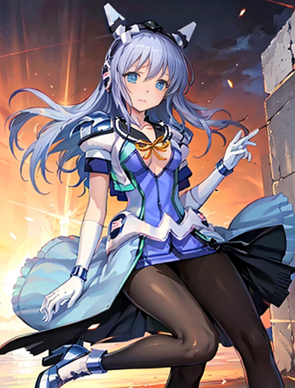 highest quality，lean against the wall，Symphonic_Sugar,light blue hair,navy blue eyes,hair ornament,long hair,white long_glove,light blue short dress,black pantyhose,high heel, ,glove，elegant, 1 girl, cute, blushed, looking at the viewer, from below, prison，beautiful eyes, beautiful background, particles of light, Light of the sun, dramatic lighting, outside, shiny, realistic, highest quality, Super detailed, get used to it, scenery, beautiful and detailed eyes, thin hair，full body shot，