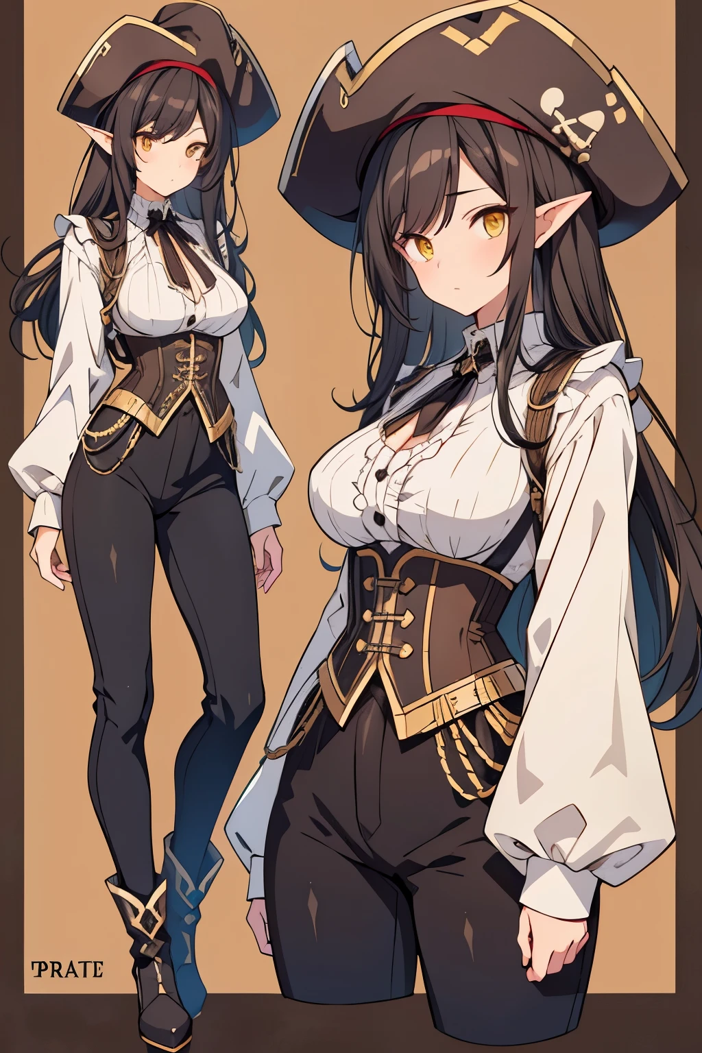 pirate elf, long black hair, loose white blouse, high rise black pants, brown boots, blue corset, hat, yellow eyes, reference sheet