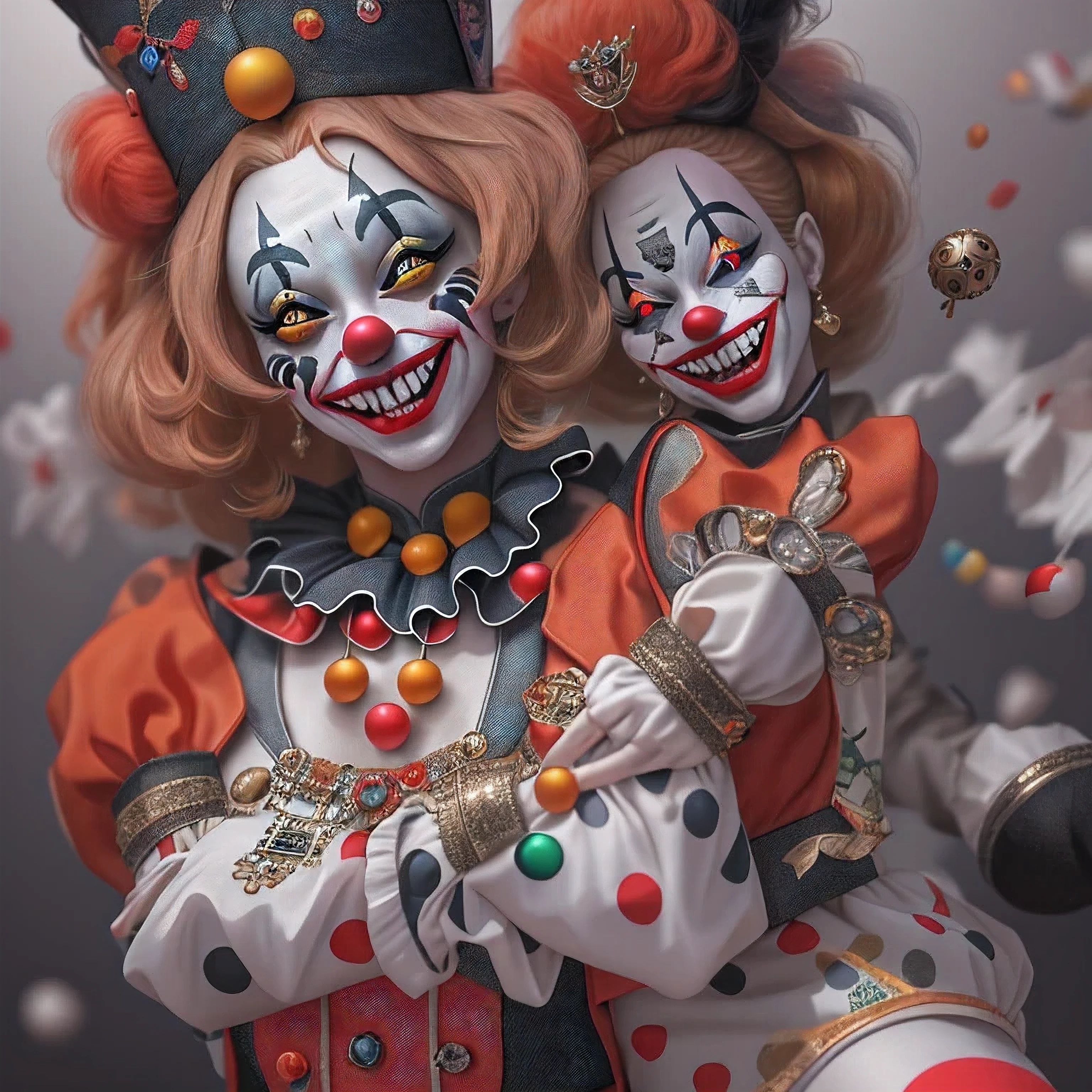 The Clown Queen, Exaggerated body movements，Red eyes，cutecore clowncore, jocker,  4k highly detailed digital art, stunning digital illustration, trending on artstation hq, 3d render digital art