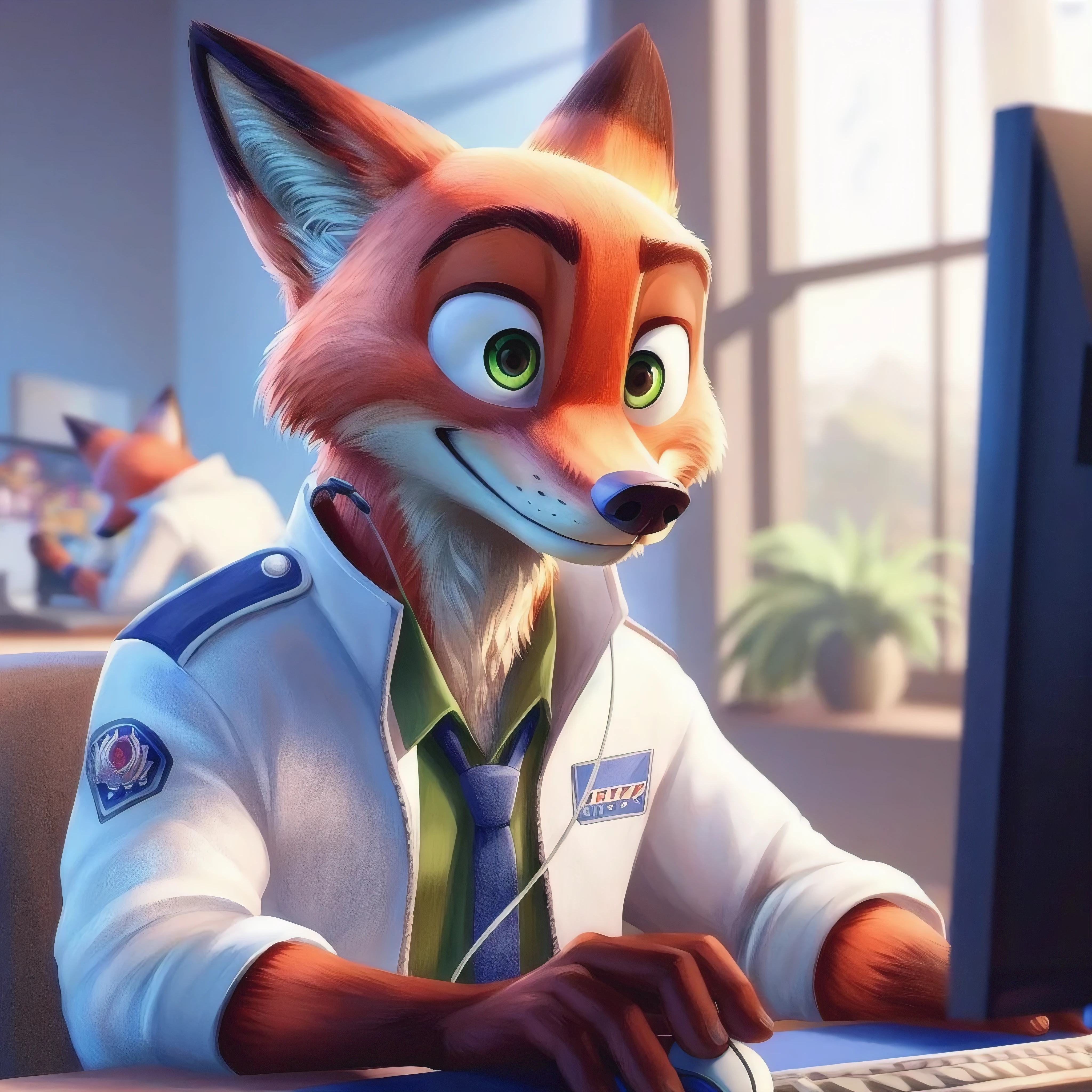 Nick Wilde alone expression of a happy young adult 28 years old sitting near the PC playing a game of King of Fighters 2003 wearing a white uniform wearing a blue jacket wearing a headset a realistic room background