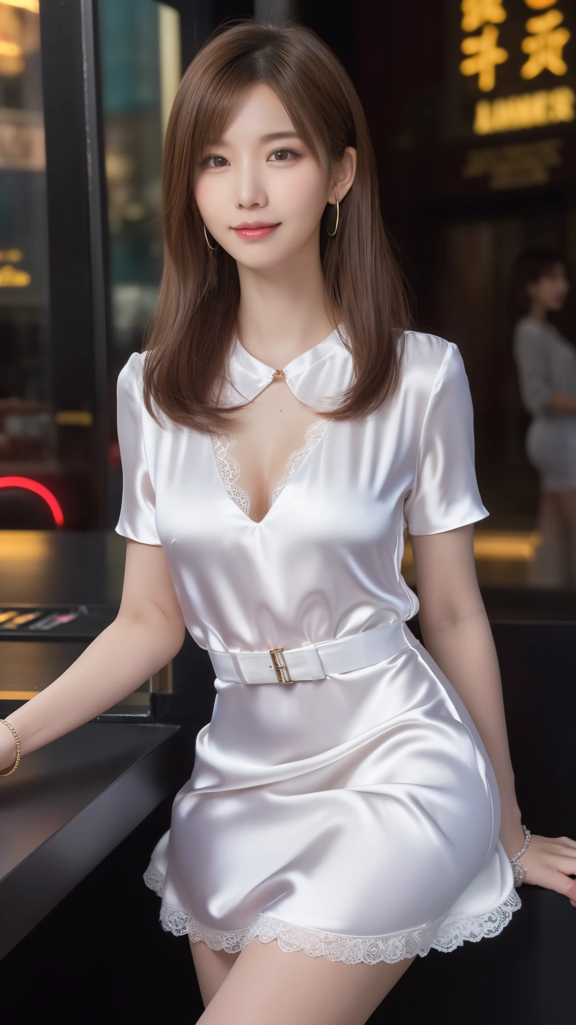 8k, Tabletop, RAW Photos, Highest quality, Realistic, Highly detailed CG Unity 8K wallpapers, Written boundary depth, Cinematic Light, Lens flare, Ray Tracing, (Very beautiful face, Beautiful Lips, Beautiful Eyes), Intricately detailed faces, ((Ultra-dense skin)) 1 girl, In the Dark, Deep Shadow, Cute Korean Girl, Flashy makeup using red eyeshadow,Her shortcut, Delicate light Brown Hair is slightly disheveled with side waves.,Wearing large ring earrings,K-POPアイドル, 1 girl, (Very slim and slender fit muscular body:1.3), ((Looking at the audience)),(Big smile:1.3), (Sleeve Fashion City Night, Needle Accuracy,Dark Night, (Neon Signs), (Blurred Background), Fashion Street Night),(No people in the background:1.3), Beautiful earrings, bracelet, necklace, pantyhose, Clear Eyes, walk, (White skin), (Big Eye Ace Forward, ((Upper Body Shot)), ((Super mini color silk dress:1.3)),(Brown Hair),((Tight-fitting lace dress)), (See through), Open the chest, Very slim, Medium chest, Backtrack,((Buckshot)), See through, Middle butt, Super super mini skirt, updo, Wearing black high heels,View your viewers