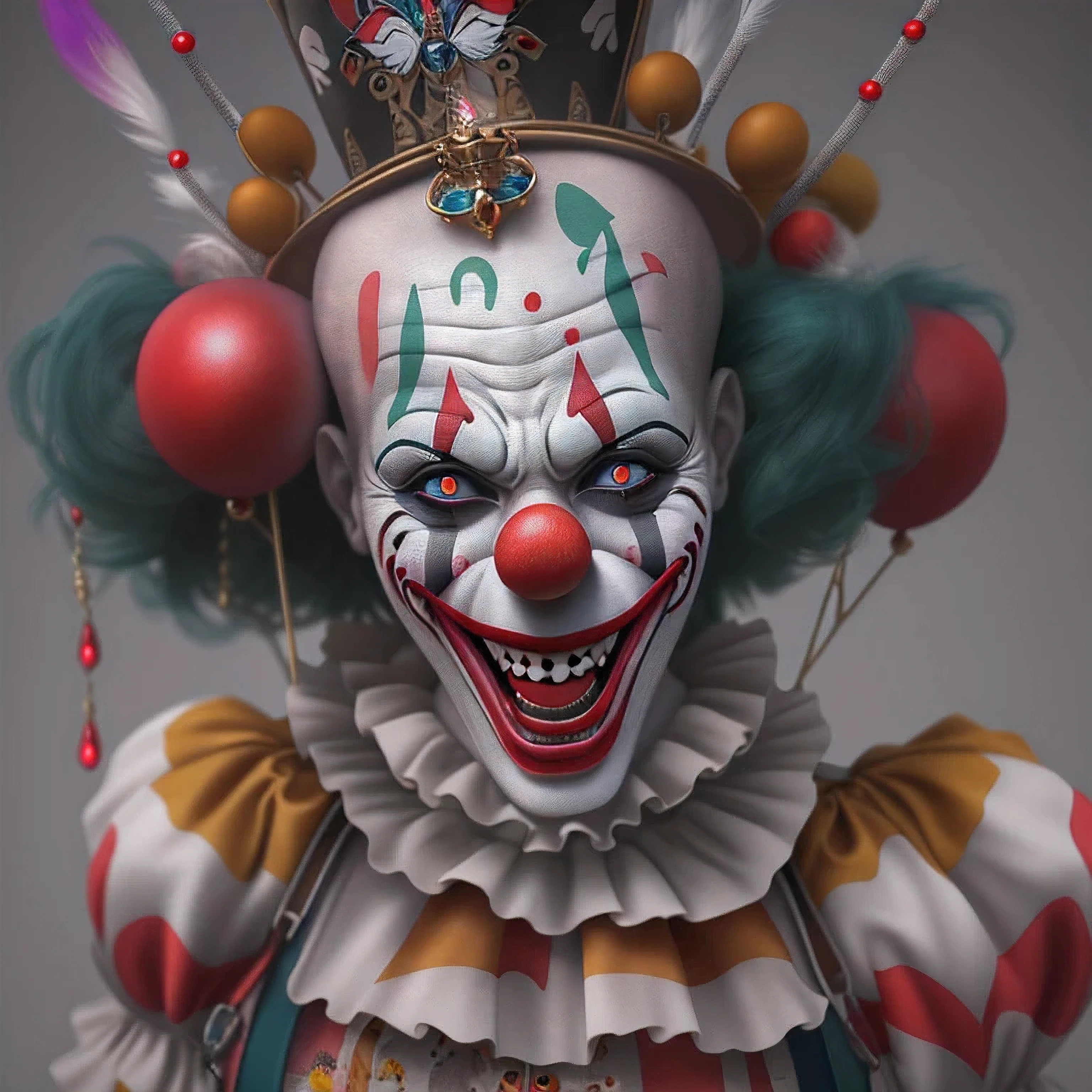 The Clown Queen, Exaggerated body movements,Red eyes,cutecore clowncore, jocker, 4k highly detailed digital art, stunning digital illustration, trending on artstation hq, 3d render digital art