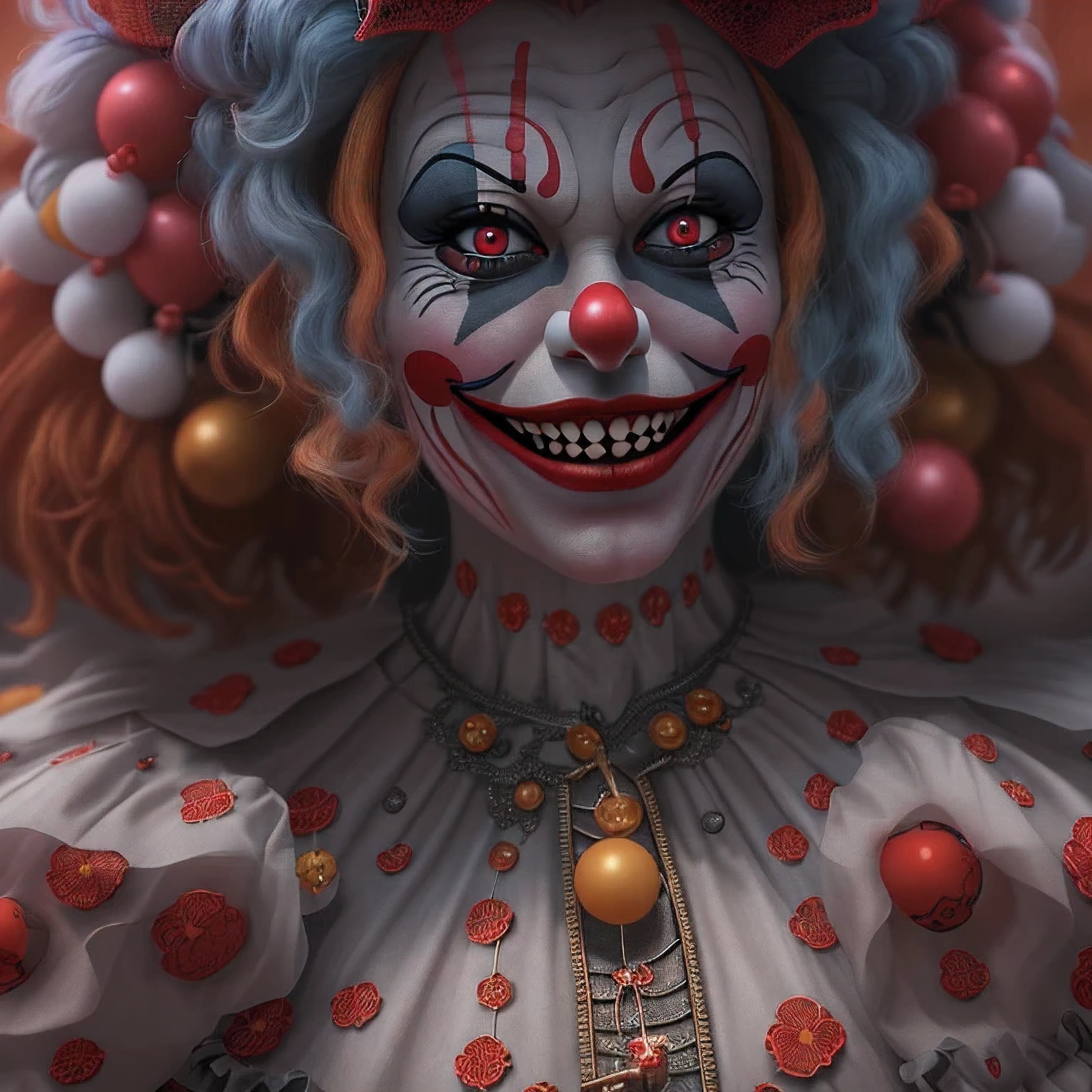 The Clown Queen, Exaggerated body movements,Red eyes,cutecore clowncore, jocker, 4k highly detailed digital art, stunning digital illustration, trending on artstation hq, 3d render digital art