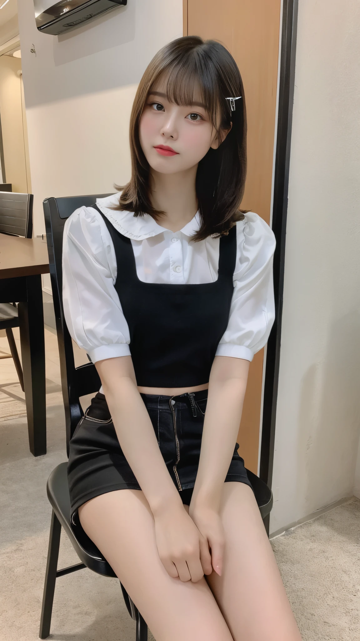 table top, highest quality, figure, super detailed, finely, High resolution, 8k wallpaper, 完璧なダイナミックな構figure, beautiful and fine eyes, woman's fashion fluffy winter clothes,Wearing sunglasses,medium hair,small breasts natural color lip, bold sexy pose、20 year old girl、cute、sexy shot looking at camera,RAW photo,anatomically correct body,blur the background,perfect and beautiful face,KPOP idol face,Slim face and body、Wearing a black miniskirt,Wearing black high heels,sitting in a chair,