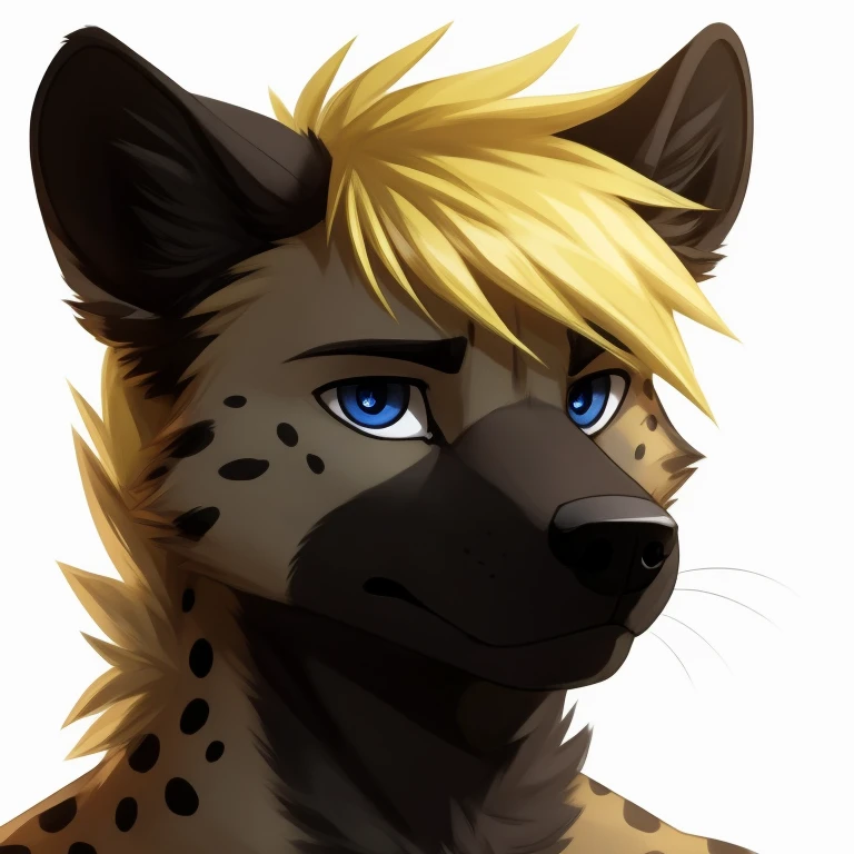 male, hyena, cute style, anthropomorphic, grey and black fur, black spots, light yellow hair, dark blue eyes, serious expression, fluffy, headshot, white background