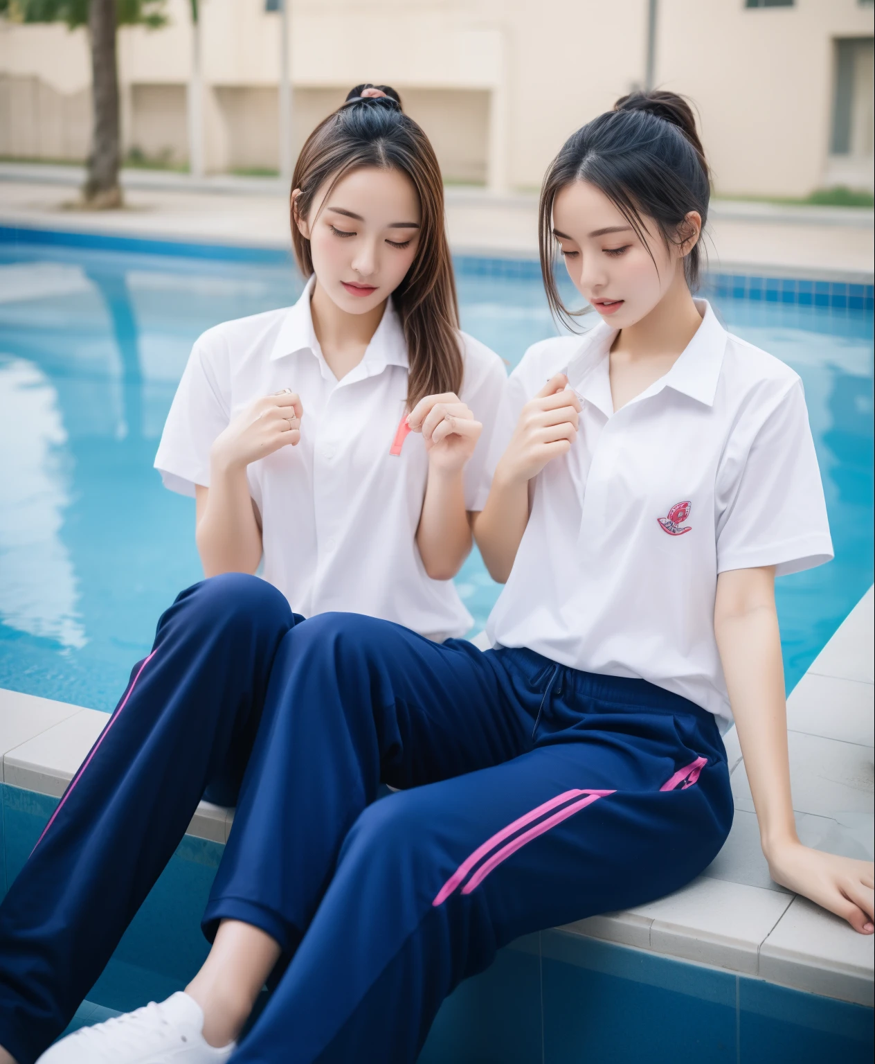 2 girls sitting by the pool, Navy blue short-sleeved shirt,Navy Long Trackpant,Sweatpants, Sweatpantsขายาว,25 year old girl, lesbian, sexy, exercise clothes, wet body, Soak your feet in water, Gym Wear, bodin cloth