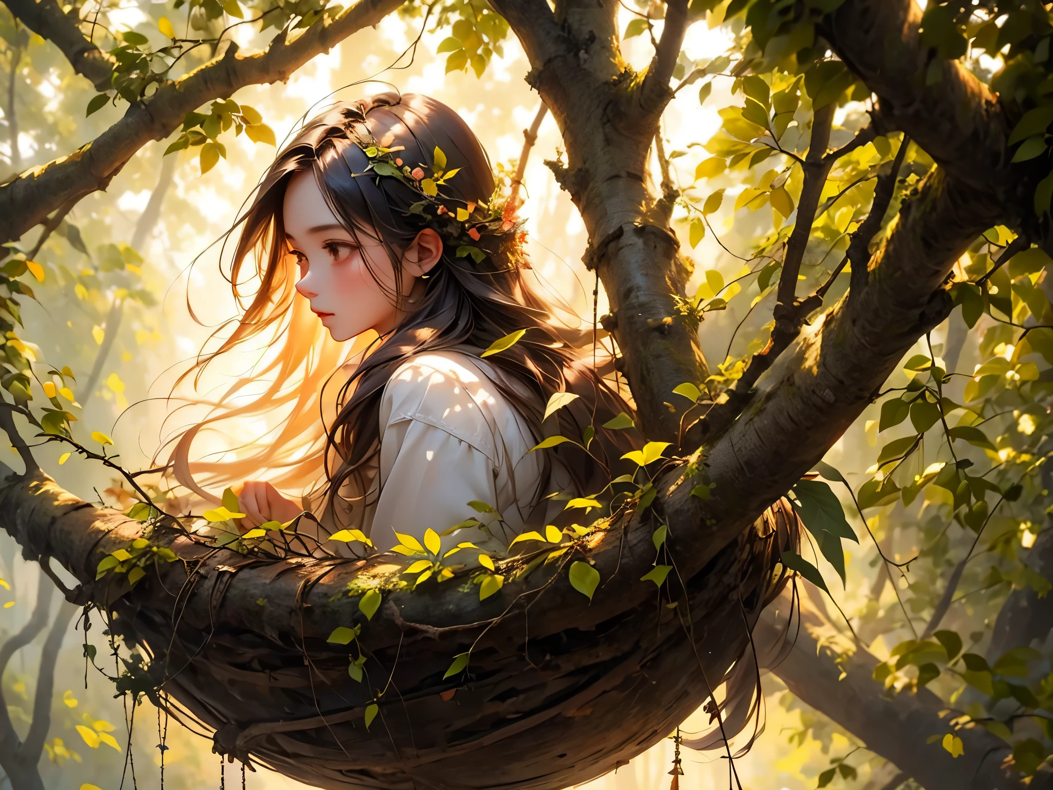 girl in a nest,flying hawks around the nest,natural materials,best quality,bright and vivid colors,detailed feathers，natural lighting,realistic scenery,sharp focus,photography,medium:oil painting,hawk's-eye view,texture detail,nest made of branches and leaves,beautiful detailed eyes and face,delicate nest structure,serene expression,peaceful atmosphere,soft sunlight filtering through the branches,warm color palette,subtle shadows highlighting the girl's features,soft breeze rustling the leaves,calm and serene environment