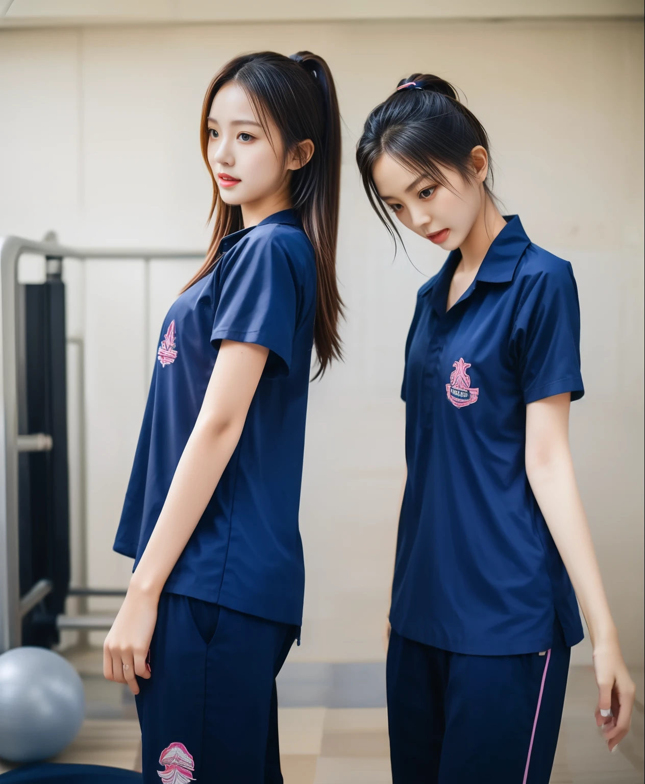2 girls in the fitness room, Navy blue short-sleeved shirt,Navy Long Trackpant,Sweatpants, Sweatpantsขายาว,25 year old girl, lesbian, sexy, exercise clothes, wet body