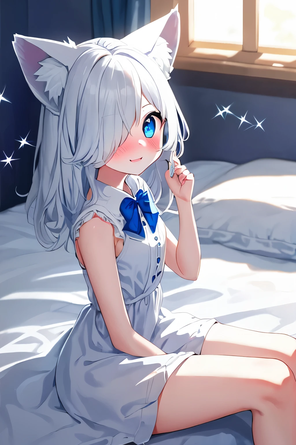 1girl, fox ears, blue eyes, white hair, hair over one eye, from side, pov, sitting, bed sheet, light, nose blush, light smile, white dress, blue bow, sparkle,