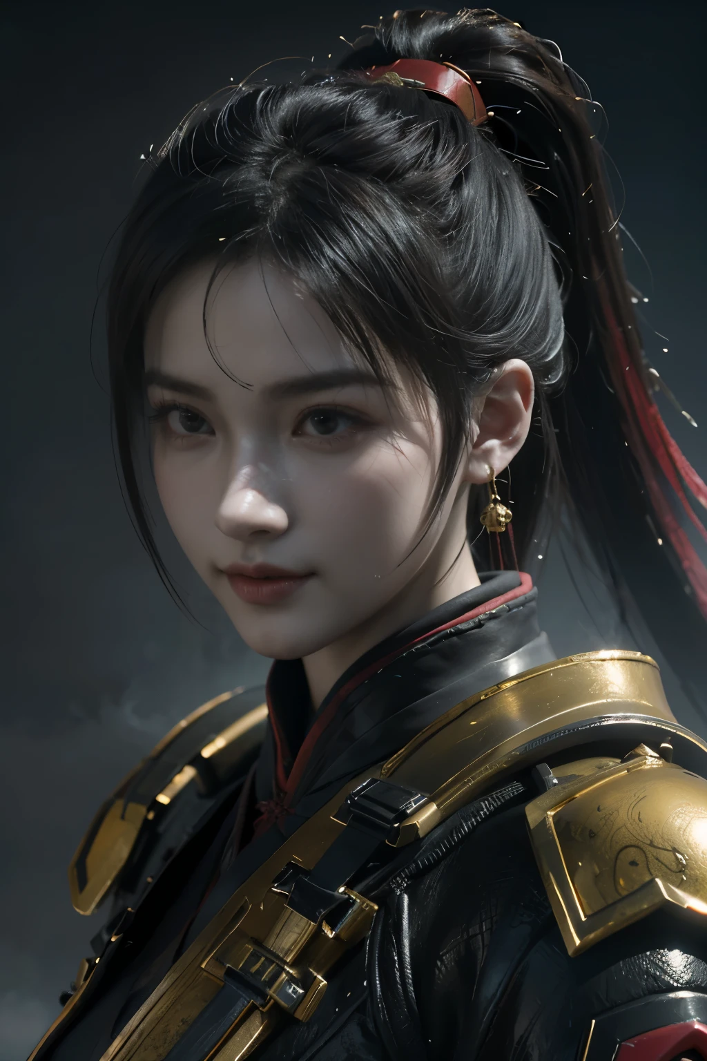 Game art，The best picture quality，Highest resolution，8K，(A bust photograph)，(Portrait from bust:1.5)，(Head close-up)，(Rule of thirds)，Unreal Engine 5 rendering works， (The Girl of the Future)，(Female Warrior)， 
20岁少女，(The warrior in ancient China)，(Short ponytail hairstyle)，An eye rich in detail，(Big breasts)，优雅高贵，冷漠，(Smile)，
(The costume of Chinese swordsman elements，Costumes of ancient Chinese characters，Armor，The costume is red and gold，Heavy armour，Joint Armor)，(Chinese Hanfu:1.3)，人物，奇幻风格，
拍照姿势，野外背景，Movie lights，Ray tracing，Game CG，((3D Unreal Engine))，oc渲染反射纹