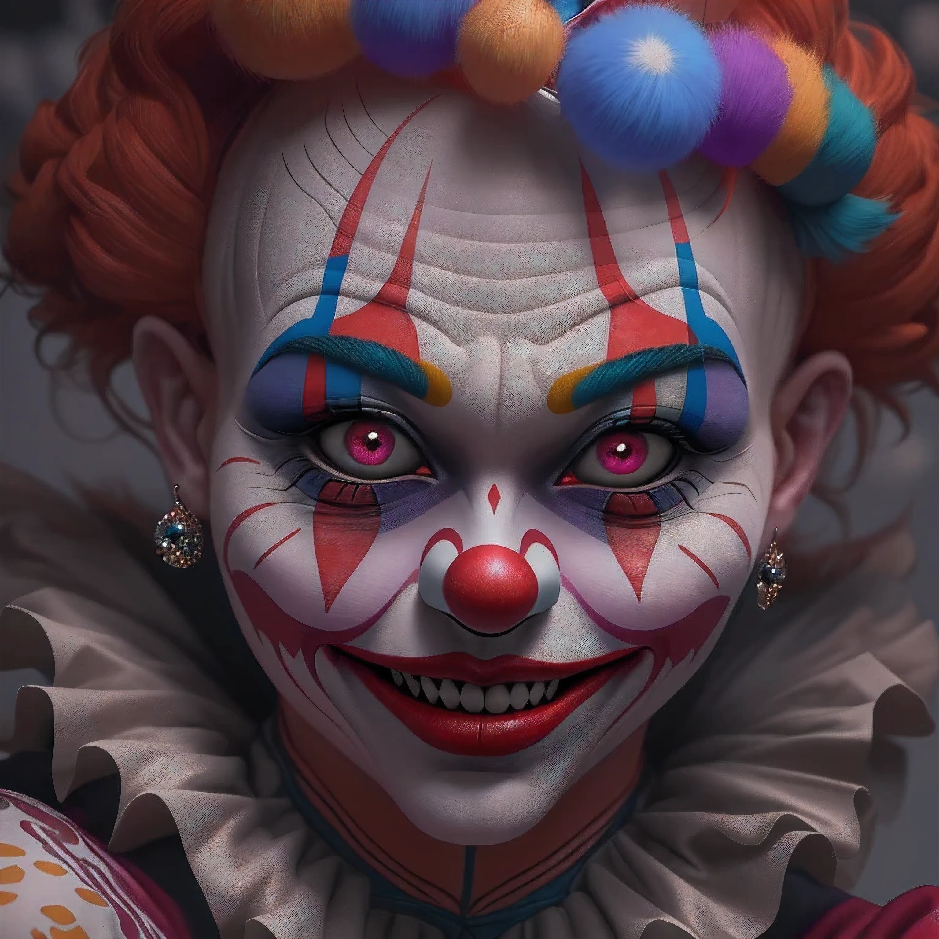 The Clown Queen, Exaggerated body movements，Red eyes，cutecore clowncore, jocker,  4k highly detailed digital art, stunning digital illustration, trending on artstation hq, 3d render digital art