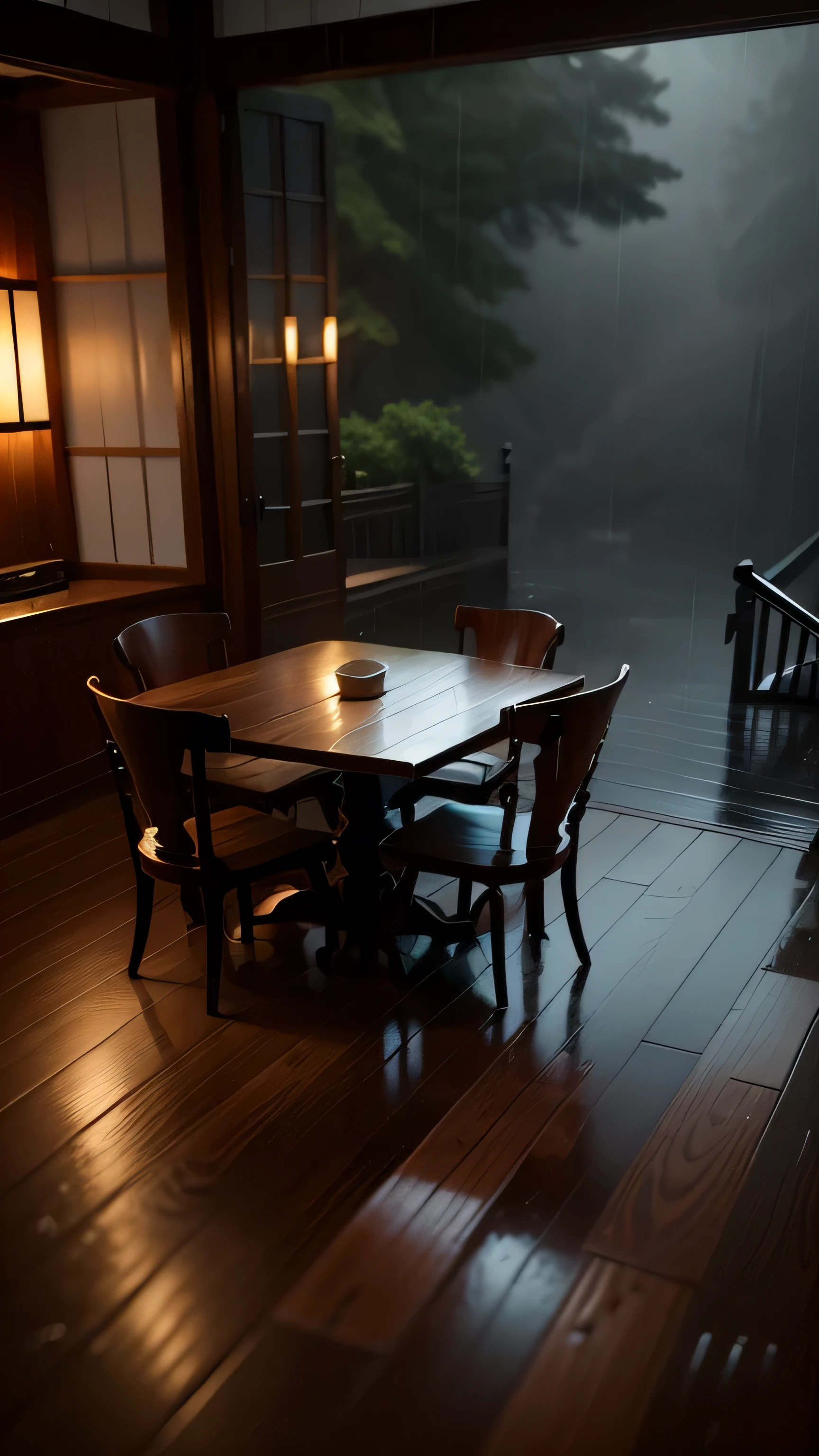 there is a small wooden house with a table and chairs in the heavy rainstorm, rainy day outside, magical environment, quiet and serene atmosphere, in a rainy environment, rainy outside, rainy afternoon, inside on a rainy day, rainy scene, by Raymond Han, rainy atmosphere, rainy environment, rainy mood, rainy and gloomy atmosphere, rainy evening, atmospheric fantasy setting