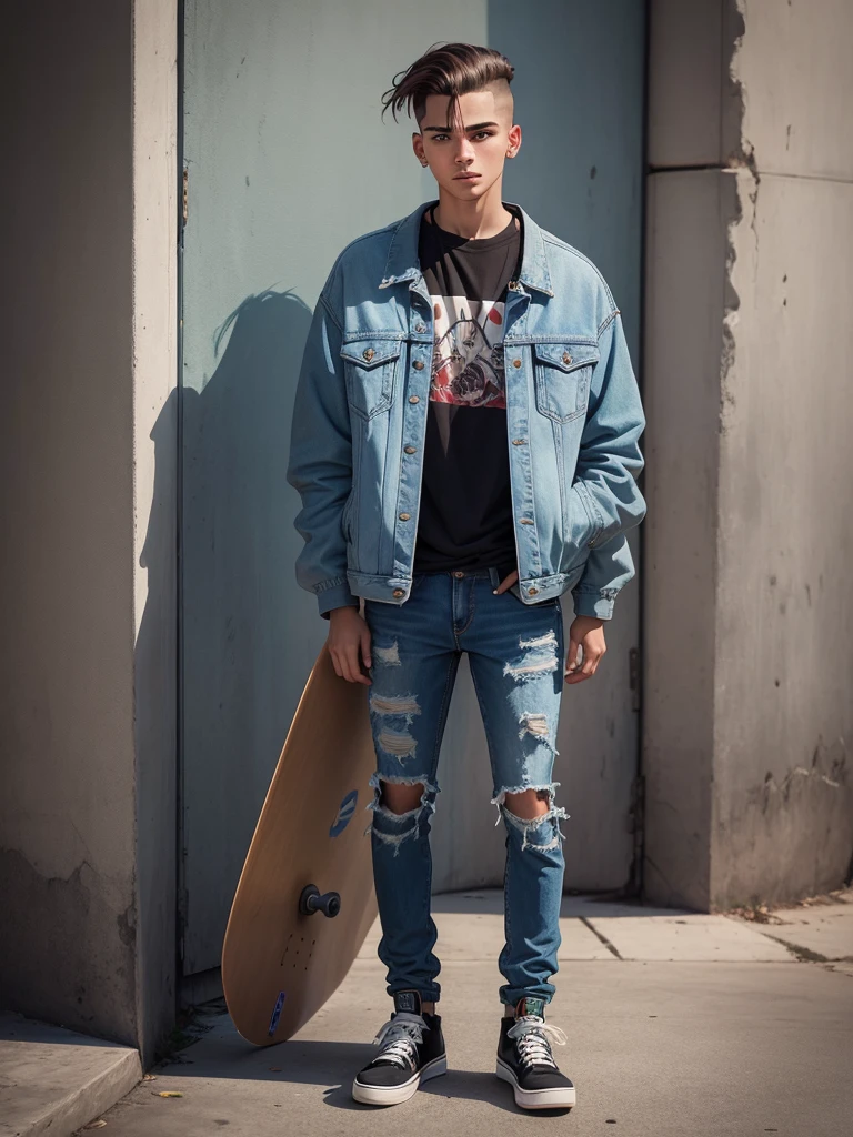 Homem de 18 anos, pele clara, cabelo undercut comprido, jeans and jacket, brincos nas orelhas, Standing in a square, WITH A SKATEBOARD IN HAND