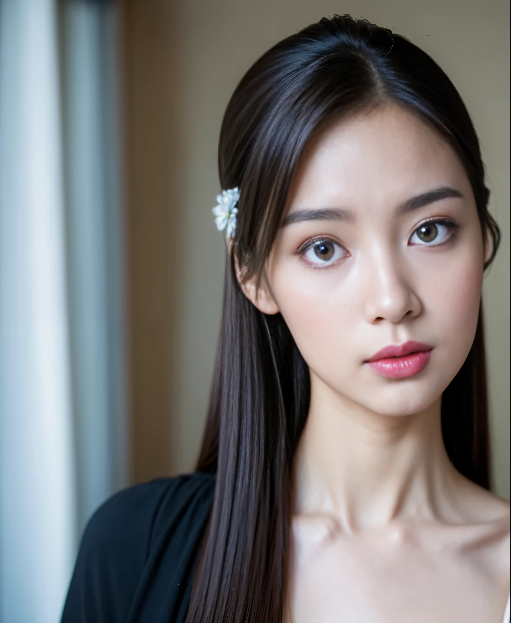 real、8k、there is a woman that is looking out of a window, Single Female,、Portrait of an idol, young asian woman, from me,  beautiful young japanese woman, Perfect face、Beautiful blue eyes、(((anatomically correct)))、white skin:1.3、pink lipstick、ponytail hair