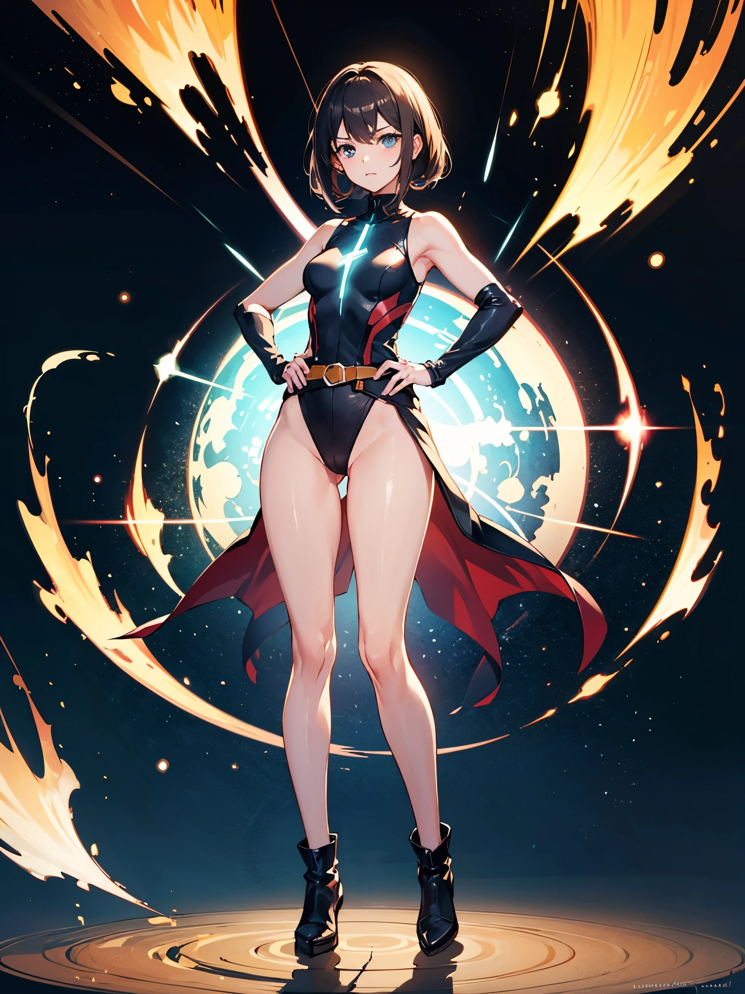 (((pixel-perfect, detail-perfect))), 1girl, superhero, leotard, highleg leotard, bare legs, boots, standing, solo focus, golden belt, hands on hip, full body shot, outer space, sleeveless, ultra highres, absurdres, beautiful face, detailed eyes, symmetric eyes, perfect body, good proportions, mature lady, glowing body, light particles, powering up