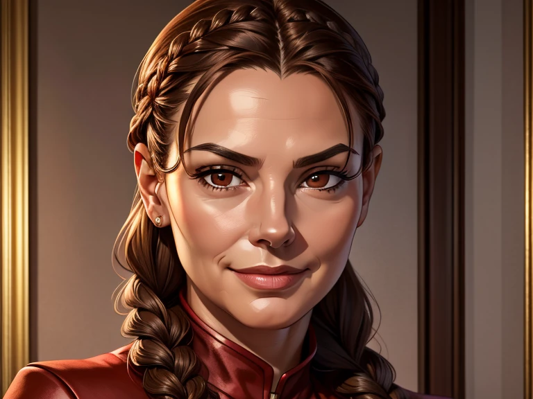 masterpiece, best quality, realistic, 1woman, female, quiet and charming , 50 year old, a smirk, closed mouth, gold skin, portrait, extremely detailed face, cold and smirk, red outfit, ((dark brown eyes)), ((Gray braided hair)), [thick eyebrows], ((civilian)), dim light, evil, Kitchen background