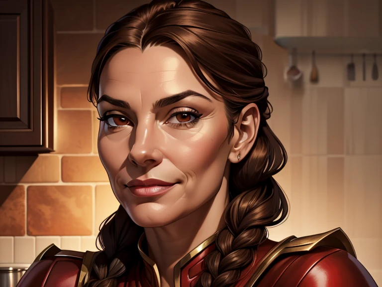 masterpiece, best quality, realistic, 1woman, female, quiet and charming , 50 year old, a smirk, closed mouth, gold skin, portrait, extremely detailed face, cold and smirk, red outfit, ((dark brown eyes)), ((Gray braided hair)), [thick eyebrows], ((civilian)), dim light, evil, Kitchen background